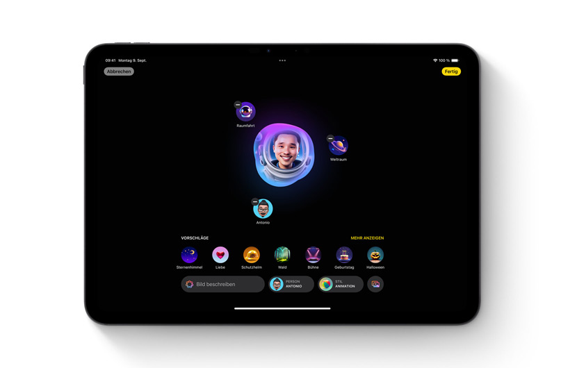 Die Image Playground App auf dem iPad. Ein individuelles Bild in der Mitte ist umgeben von verschiedenen Ideen und Schlagw?rtern, mit denen es erstellt wurde.