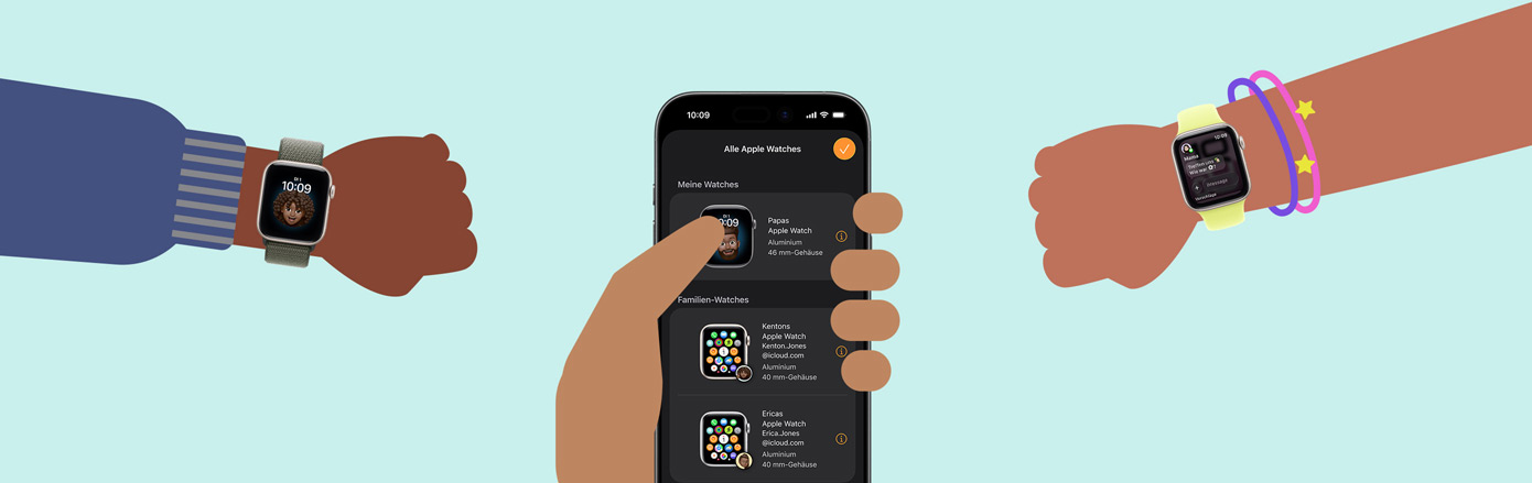 Ein iPhone zwischen zwei verschiedenen H?nden, jeweils mit einer Apple Watch.