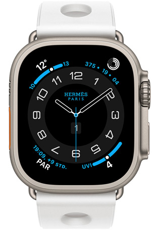 Apple Watch Hermès Ultra 3, Titangeh?use, Farbe Natur, Hermès Circulaire Zifferblatt, Komplikationen: Wetter, Aktivit?tsringe, Paris Zeit, UV Index, Scub’H Diving Armband, Farbe Blanc