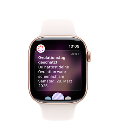 Apple Watch Series 11, Aluminiumgeh?use, Farbe Roségold, Mitteilung zum gesch?tzten Ovulationstag, rechte Seitenansicht: Digital Crown, Sportarmband Blassrosa