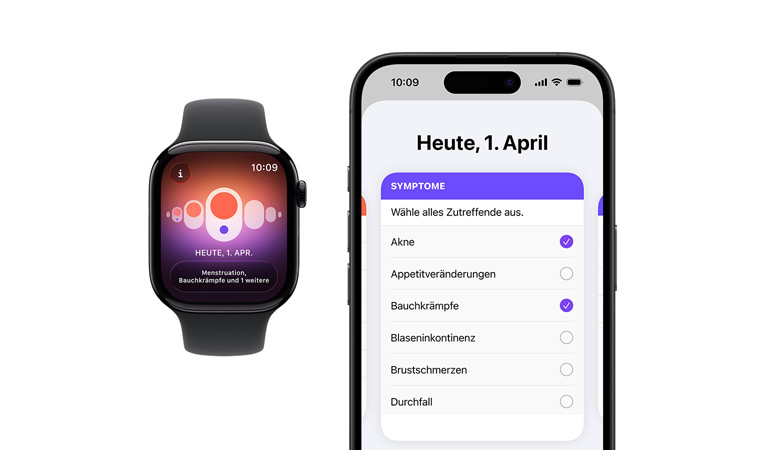 Apple Watch Series 11, Titangeh?use, Farbe Gold, Zyklusprotokoll App, Auswahl für t?gliche Symptome auf gekoppeltem iPhone ge?ffnet