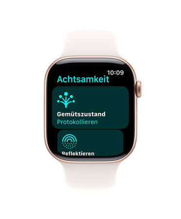 Apple Watch Series 10, wei?es Sportarmband, Vorderansicht, Display-Inhalt: Achtsamkeit, Gemütszustand, Protokoll