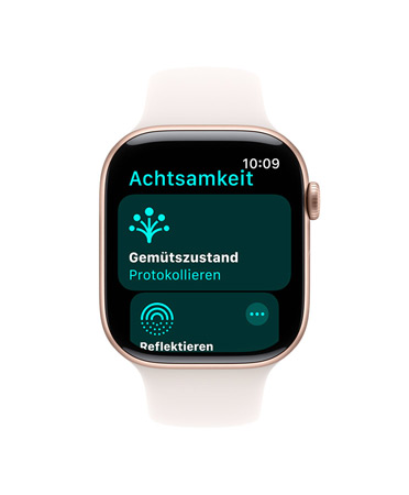 Apple Watch Series 11, Aluminiumgeh?use, Farbe Roségold, Achtsamkeit App ge?ffnet, rechte Seite: Digital Crown, Sportarmband Blassrosa