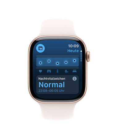 Apple Watch Series 11, Aluminiumgeh?use, Farbe Roségold, Vitalzeichen App, Diagramm mit Gesundheitsbewertung, typische Mitteilung zu im Schlaf erfassten Vitalzeichen, rechte Seitenansicht: Digital Crown, Sportarmband Blassrosa