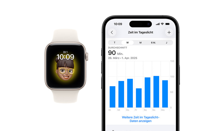 Apple Watch SE 3, Aluminiumgeh?use, Farbe Polarstern, Memoji Zifferblatt, iPhone, Health Teilen Tab mit Zeit im Tageslicht