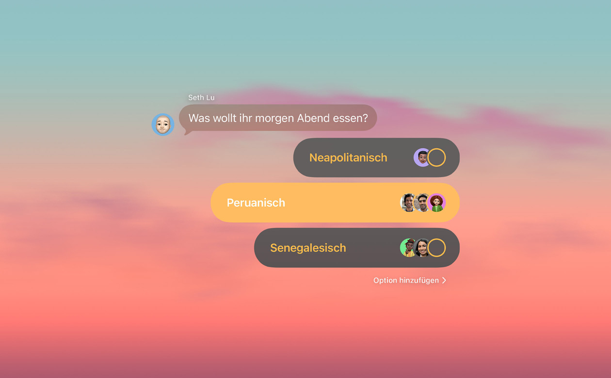 Funktionen für Umfragen und Hintergründe in Nachrichten mit Personen im Gruppenchat, die darüber abstimmen, was sie zum Abendessen m?chten