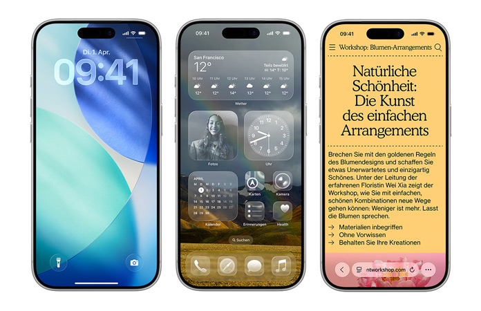 iPhone Ger?te nebeneinander, die verschiedene neue Designelemente in iOS zeigen, wie den Sperrbildschirm mit transluzenten Liquid Glass Ziffern für die Uhrzeit und einen Homescreen mit transparenten Liquid Glass App Symbolen