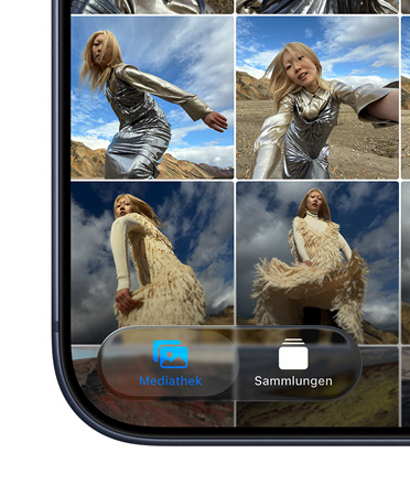 Ein iPhone; unten links auf dem Display ist eine Kachel der Fotos App; die Tabs ?Mediathek“ und ?Sammlungen“ werden im neuen Liquid Glass Design angezeigt
