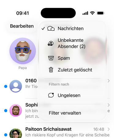 Die Nachrichten App mit der neuen Filterfunktion, die jetzt unbekannte Nummern in einen Abschnitt namens ?Unbekannte Absender:innen“ sortiert.