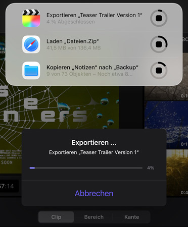 Eine Liste von Live Aktivit?ten, die gerade ausgeführt werden, die Liste umfasst das Exportieren eines Trailers, das Herunterladen gro?er Dateien und das Verschieben von ?Notizen“ in ?Backup“