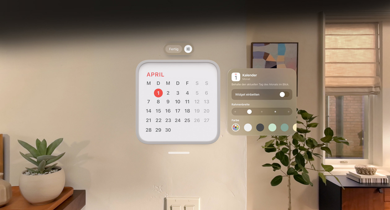 Ein Kalender Widget für den 1. April schwebt an der Wand, das Widget für Erinnerungen befindet sich darüber, auf der rechten Seite sind Optionen zur Personalisierung für die ?nderung der Rahmendicke und -farbe zu sehen