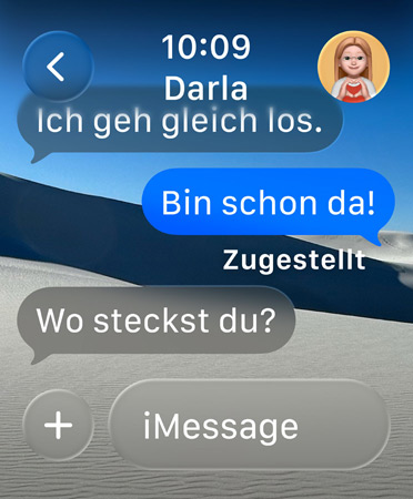 die halbtransparente Nachricht auf dem Display lautet ?Wo bist du?“, darunter befindet sich das Wort ?Vorschl?ge“ mit einer intelligenten Aktion zum Teilen des Standorts für eine Stunde