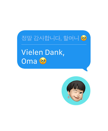 Live übersetzung in Nachrichten mit der Textnachricht des Benutzers ?Vielen Dank, Oma“, die automatisch ins Koreanische übersetzt wurde