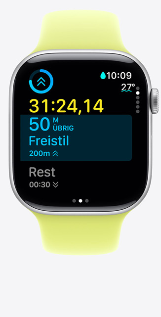 Apple Watch Series 11, Aluminiumgeh?use, Farbe Silber, Bildschirm für eigenes Training trackt Beckenschwimmen, Messwerte auf dem Display, Sportarmband, Farbe Neongelb