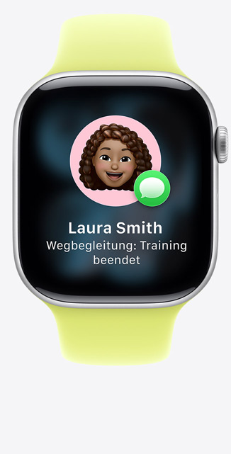 Apple Watch Series 11, Aluminiumgeh?use, Farbe Silber, Vorschlag für Wegbegleitung in iMessage, Sportarmband, Farbe Neongelb