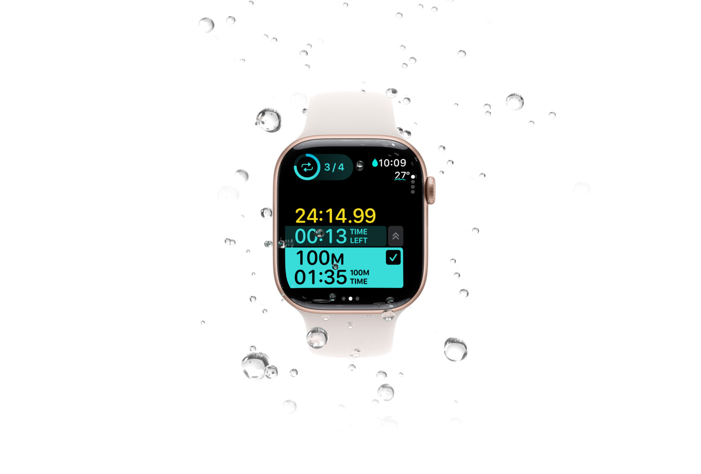 A swim workout with metrics including water temperature on an Apple?Watch Series?10, surrounded by water bubbles.