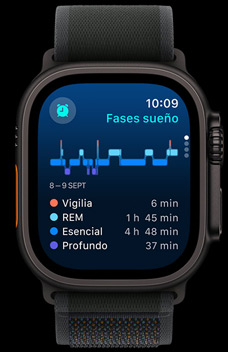 La app Sue?o muestra el tiempo pasado en las fases de sue?o REM, esencial y profundo.