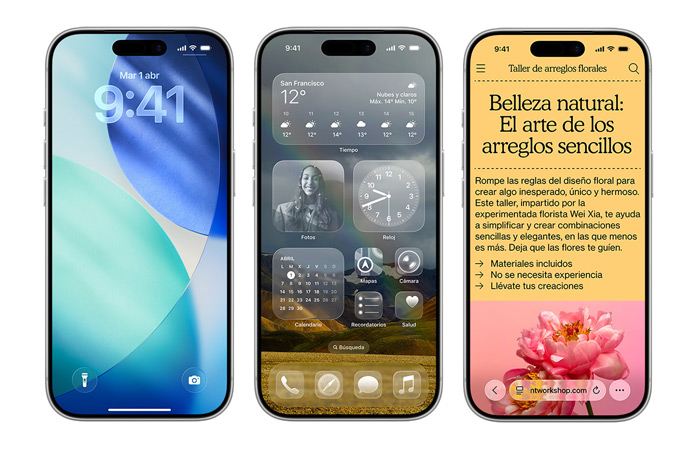 Dispositivos iPhone situados uno al lado del otro muestran varios elementos del nuevo dise?o de iOS, como una pantalla de bloqueo con la hora translúcida en Liquid Glass y una pantalla de inicio con iconos de apps transparentes en Liquid Glass