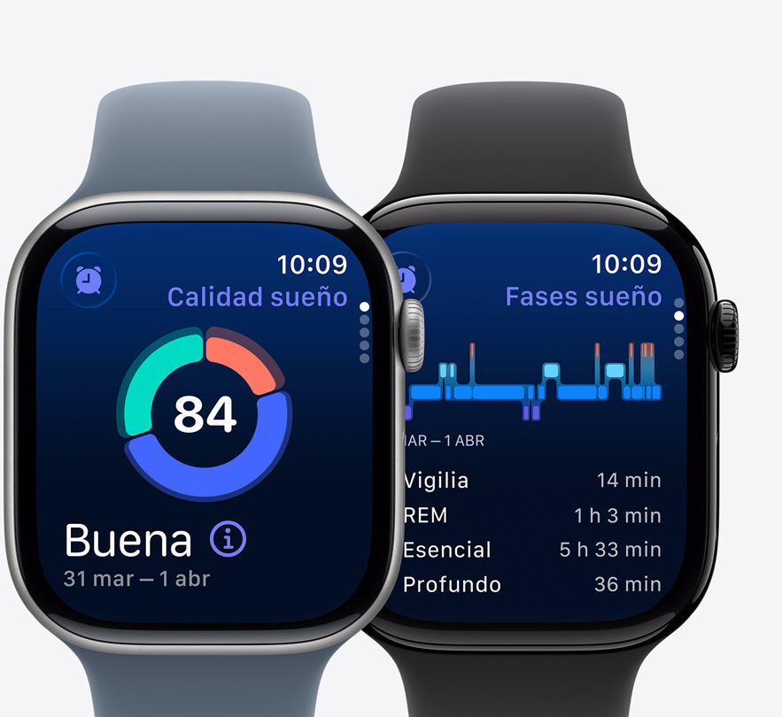 Vista frontal de dos Apple Watch Series 10 con la prestación Fases de Sue?o en la pantalla y una notificación de posible apnea del sue?o.