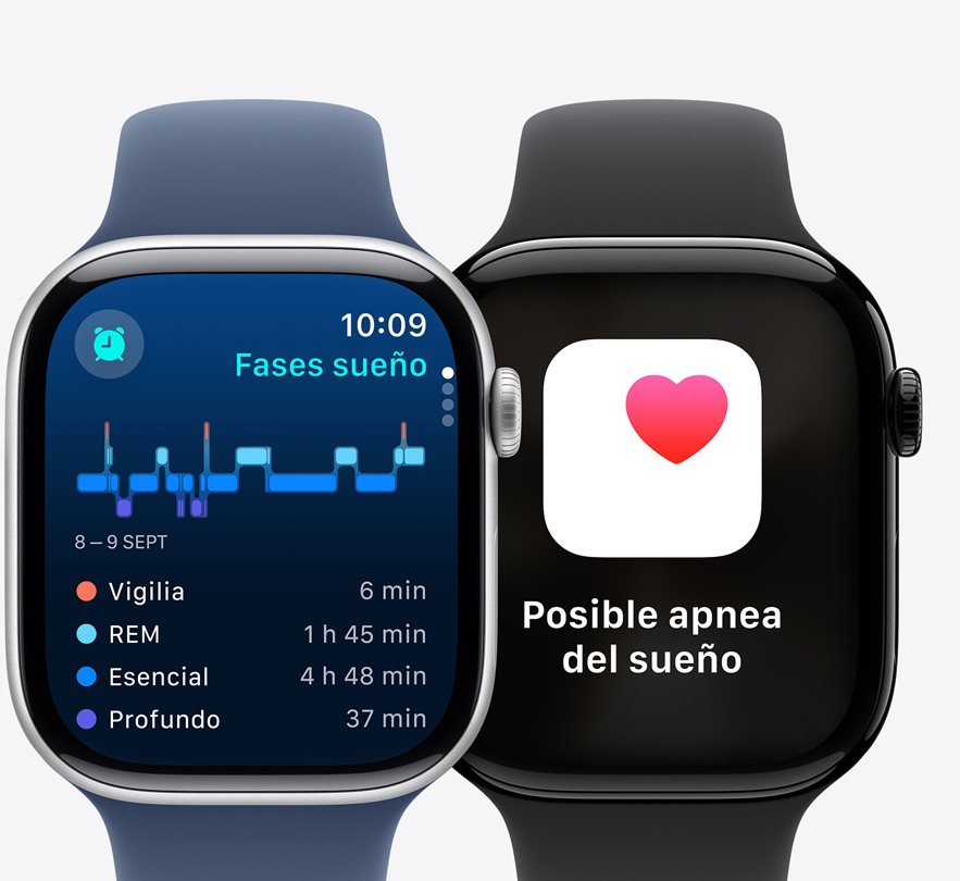 Vista frontal de dos Apple Watch Series 10 con la prestación Fases de Sue?o en la pantalla y una notificación de posible apnea del sue?o.