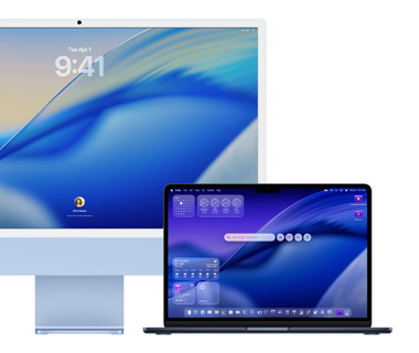 Drei Mac Modelle von vorne in einer Reihe, links ein 16" MacBook Pro mit der Telefon App auf dem Bildschirm, die die Anrufliste zeigt, in der Mitte ein 24" iMac in Blau, auf dem Bildschirm bewegt sich innerhalb des macOS Tahoe 26 Hintergrundbilds eine Welle, rechts das 13" MacBook Air, der Bildschirm zeigt eine Spotlight Suche auf dem Schreibtisch mit Liquid Glass Versionen des Docks und verschiedener Widgets wie Kalender, Uhr und Wetter