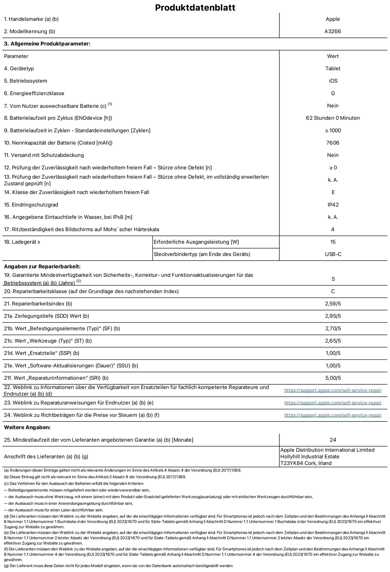 Produktinformationsblatt für 11" iPad Air Wi?Fi. Modell A3266. Bereitgestellt von Apple UK Ltd, 100 New Bridge Street, London EC4V 6JA. Ger?tetyp: Tablet. Betriebssystem: iOS. Energieeffizienzklasse für Standard-Dynamikbereich: G. Batterielaufzeit 62 Stunden. Batterielaufzeit in Zyklen: ≥ 1000. Nennkapazit?t der Batterie: 7606 mAh. Prüfung der Zuverl?ssigkeit nach wiederholtem freiem Fall – Stürze ohne Defekt: ≥ 0. Klasse der Zuverl?ssigkeit nach wiederholtem freiem Fall: E. Eindringschutzgrad: IP42. Ritzbest?ndigkeit des Displays auf Mohs’scher H?rteskala: 4. Erforderliche Ausgangsleistung des Ladeger?ts: 15W. Anschluss Ladeger?t: USB?C. Garantierte Mindestverfügbarkeit von Sicherheits?, Korrektur? und Funktionsaktualisierungen für das Betriebssystem: 5 Jahre. Reparierbarkeitsklasse: C. Reparierbarkeitsindex: 2,59/5. Wert ?Zerlegungstiefe“: 2,95/5. Wert ?Befestigungselemente (Typ)“: 2,70/5. Wert ?Werkzeuge“: 2,65/5. Wert ?Ersatzteile“: 1,00/5. Wert ?Software-Aktualisierungen“: 1,00/5. Wert ?Reparaturinformationen“: 5,00/5. Weblink zu Informationen über die Verfügbarkeit von Ersatzteilen für fachlich kompetente Reparateure und Endnutzer: https://support.apple.com/self-service-repair. Weblink zu Reparaturanweisungen für Endnutzer: https://support.apple.com/self-service-repair. Weblink zu Richtbetr?gen für die Preise vor Steuern: https://support.apple.com/self-service-repair. 24 Monate angebotene allgemeine Garantie. 