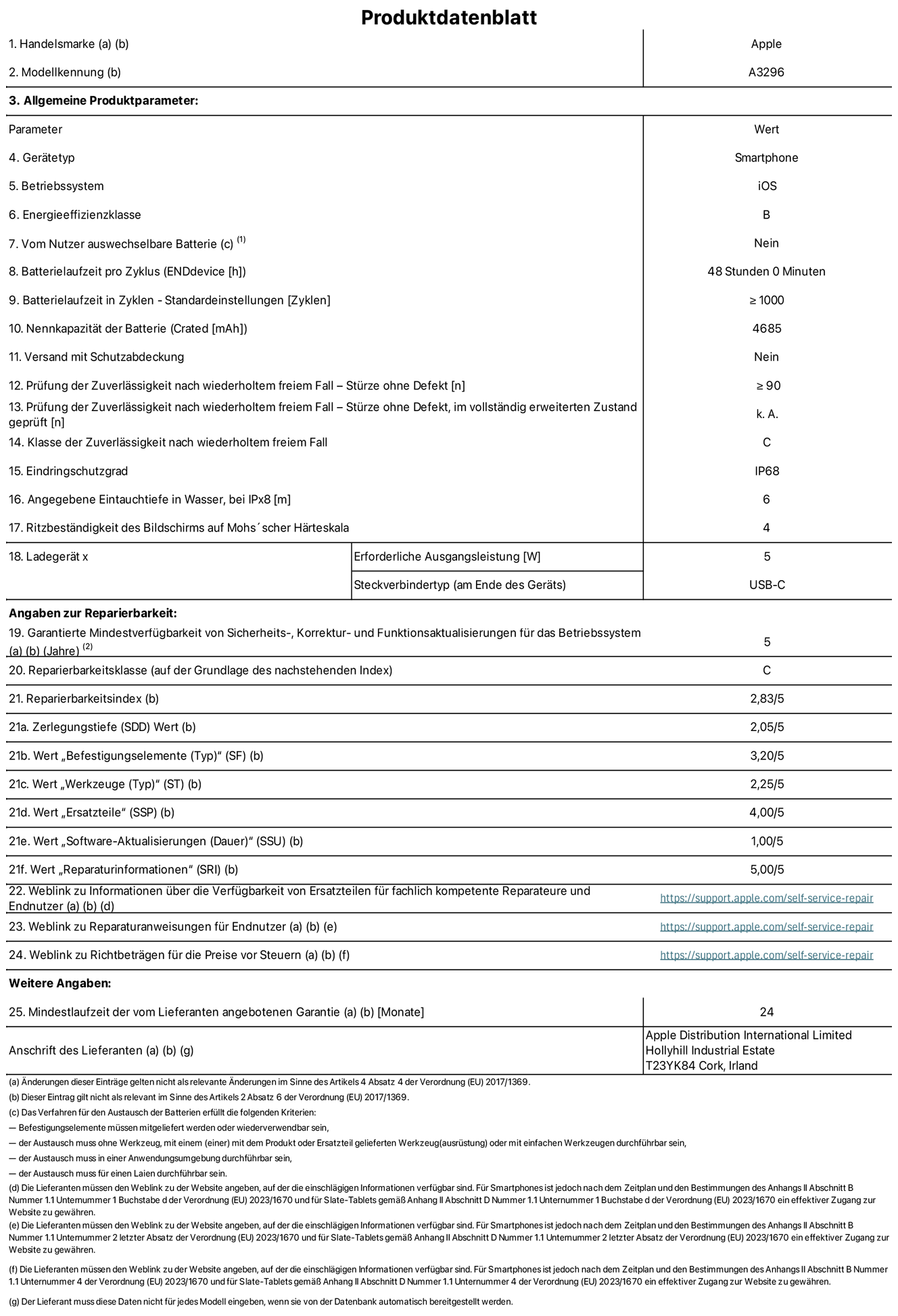 Produktinformationsblatt für iPhone 16 Pro Max, Modell A3296. Bereitgestellt von Apple Distribution International Limited, Hollyhill Industrial Estate. Cork, Irland T23 YK84. Ger?tetyp: Smartphone. Betriebssystem: iOS. Energieeffizienzklasse: B. Vom Benutzer auswechselbare Batterie: nein. Batterielaufzeit pro Zyklus: 48 Stunden. Batterielaufzeit in Zyklen – Standardeinstellungen: ≥ 1000. Nennkapazit?t der Batterie: 4685 mAh. Versand mit Schutzabdeckung: nein. Prüfung der Zuverl?ssigkeit nach wiederholtem freiem Fall – Stürze ohne Defekt: ≥ 90. Prüfung der Zuverl?ssigkeit nach wiederholtem freiem Fall –Stürze ohne Defekt, im vollst?ndig erweiterten Zustand geprüft: nicht zutreffend. Klasse der Zuverl?ssigkeit nach wiederholtem freiem Fall: C. Eindringschutzgrad: IP68. Angegebene Eintauchtiefe in Wasser, bei iPx8: 6 m. Ritzbest?ndigkeit des Displays auf Mohs’scher H?rteskala: 4. Erforderliche Ausgangsleistung des Ladeger?ts: 5W. Anschluss Ladeger?t (am Ende des Ger?ts): USB?C. Garantierte Mindestverfügbarkeit von Sicherheits?, Korrektur? und Funktionsaktualisierungen für das Betriebssystem: 5 Jahre. Reparierbarkeitsklasse: C. Reparierbarkeitsindex: 2,83/5. Zerlegungstiefe (SDD) Wert: 2,05/5. Wert ?Befestigungselemente“: 3,20/5. Wert ?Werkzeuge“: 1,00/5. Wert ?Ersatzteile“: 4,00/5. Wert ?Software-Aktualisierungen“: 1,00/5. Wert ?Reparaturinformationen“: 5,00/5. Weblink zu Informationen über die Verfügbarkeit von Ersatzteilen für fachlich kompetente Reparateure und Endnutzer: https://support.apple.com/self-service-repair. Weblink zu Reparaturanweisungen für Endnutzer: https://support.apple.com/self-service-repair. Weblink zu Richtbetr?gen für die Preise vor Steuern: https://support.apple.com/self-service-repair. 24 Monate angebotene allgemeine Garantie.