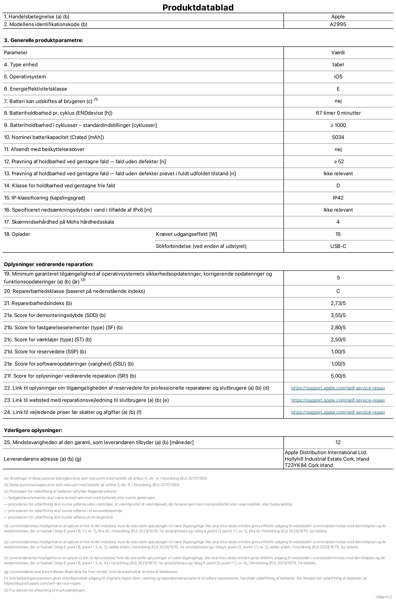 Produktdatablad til iPad mini Wi-Fi + Cellular, model A2995. Leveret af Apple Distribution International Ltd, Hollyhill Industrial Estate. Cork, Irland T23 YK84. Enhedstype: tablet. Styresystem: iOS. Energieffektivitetsklasse: E. Batteri kan udskiftes af brugeren: nej. Batteritid: 67 timer. Batterilevetid i cyklusser: ≥ 1000. Nominel batterikapacitet: 5034 mAh. Holdbarhedstest ved gentagne fald – fald uden defekt: ≥ 52. Holdbarhedsklasse ved gentagne fald: D. Kapslingsklasse: IP42. Sk?rmens ridsefasthed p? Mohs' h?rdhedsskala: 4. P?kr?vet udgangseffekt for oplader: 15 W. Opladerstiktype: USB-C. Garanteret minimumsperiode for tilg?ngelighed af sikkerhedsopdateringer, fejlrettelser og funktionsopdateringer til styresystemet: 5 ?r. Reparerbarhedsklasse: C. Reparationsindeks: 2,73/5. Antal point for demonteringsdybde: 3,55/5. Antal point for fastg?relseselementer: 2,80/5. Antal point for v?rkt?j: 2,50/5. Antal point for reservedele: 1,00/5. Antal point for softwareopdateringer: 1,00/5. Antal point for reparationsoplysninger: 5,00/5. Weblink til oplysninger om tilg?ngeligheden af reservedele for professionelle reparat?rer og slutbrugere: https://support.apple.com/self-service-repair. Weblink til vejledning i reparation for slutbrugere: https://support.apple.com/self-service-repair. Weblink til vejledende priser f?r skatter og afgifter: https://support.apple.com/self-service-repair. Produktet er omfattet af 12 m?neders garanti.