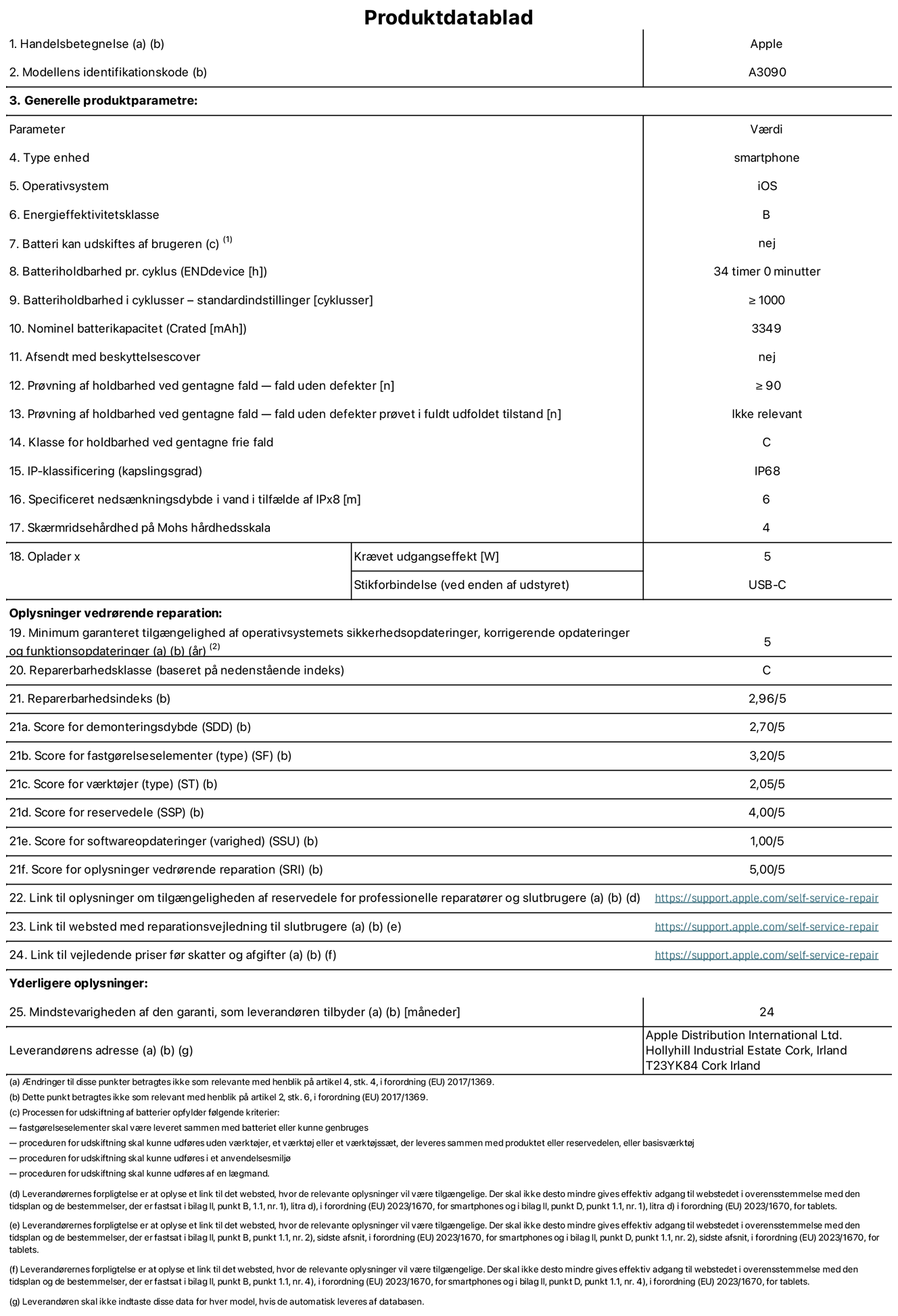 Produktdatablad til iPhone 15, model A3090. Leveret af Apple Distribution International Limited, Hollyhill Industrial Estate. Cork, Irland T23 YK84. Enhedstype: smartphone. Styresystem: iOS. Energieffektivitetsklasse: B. Batteri kan udskiftes af brugeren: nej. Batteritid pr. cyklus: 34 timer. Batterilevetid i cyklusser – standardindstillinger: ≥ 1000. Nominel batterikapacitet: 3349 mAh. Leveres med beskyttelsescover: nej. Holdbarhedstest ved gentagne fald – fald uden defekt: ≥ 90. Holdbarhedstest ved gentagne fald – fald uden defekt testet i fuldt udfoldet tilstand: ikke relevant. Holdbarhedsklasse ved gentagne fald: C. Kapslingsgrad: IP68. Angivet neds?nkningsdybde i vand ved IPx8: 6. Sk?rmens ridsefasthed p? Mohs' h?rdhedsskala: 4. P?kr?vet udgangseffekt for oplader: 5 W. Opladerstiktype (p? enheden): USB-C. Garanteret minimumsperiode for tilg?ngelighed af sikkerhedsopdateringer, fejlrettelser og funktionsopdateringer til styresystemet: 5 ?r. Reparerbarhedsklasse: C. Reparationsindeks: 2,96/5. Antal point for demonteringsdybde (SDD): 2,70/5. Antal point for fastg?relseselementer: 3,20/5. Antal point for v?rkt?j: 2,05/5. Antal point for reservedele: 4,00/5. Antal point for softwareopdateringer: 1,00/5. Antal point for reparationsoplysninger: 5,00/5. Weblink til oplysninger om tilg?ngeligheden af reservedele for professionelle reparat?rer og slutbrugere: https://support.apple.com/self-service-repair. Weblink til vejledning i reparation for slutbrugere: https://support.apple.com/self-service-repair. Weblink til vejledende priser f?r skatter og afgifter: https://support.apple.com/self-service-repair. Produktet er omfattet af 24 m?neders garanti.
