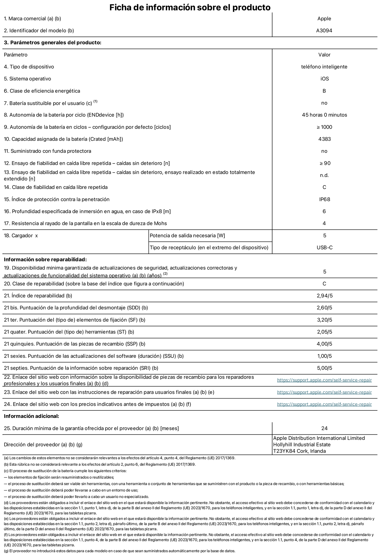 Ficha de información sobre el producto del iPhone 15 Plus. Modelo A3094. Suministrado por Apple Distribution International Limited con sede en Hollyhill Industrial Estate, T23 YK84 Cork (Irlanda). Tipo de dispositivo: Teléfono inteligente. Sistema operativo: iOS. Clase de eficiencia energética: B. Batería sustituible por el usuario: No. Autonomía de la batería por ciclo: 45 horas. Autonomía de la batería en ciclos (configuración por defecto): ≥ 1.000. Capacidad asignada de la batería: 4.383 mAh. Suministrado con funda protectora: No. Caídas sin deterioro en ensayo de fiabilidad en caída libre repetida: ≥ 90. Caídas sin deterioro en ensayo de fiabilidad en caída libre repetida realizado en estado totalmente extendido: N. A. Clase de fiabilidad en caída libre repetida: C. índice de protección contra la penetración: IP68. Profundidad especificada de inmersión en agua, en caso de iPx8 (m): 6. Resistencia al rayado de la pantalla en la escala de dureza de Mohs: 4. Potencia de salida requerida del cargador: 5 W. Tipo de receptáculo del cargador (en el extremo del dispositivo): USB?C. Disponibilidad mínima garantizada de actualizaciones de seguridad, correctoras y de funcionalidad del sistema operativo: 5 a?os. Clase de reparabilidad: C. índice de reparabilidad: 2,94/5. Puntuación de la profundidad del desmontaje (SDD): 2,60/5. Puntuación de los elementos de fijación: 3,20/5. Puntuación de las herramientas: 2,05/5. Puntuación de las piezas de recambio: 4/5. Puntuación de las actualizaciones de software: 1/5. Puntuación de la información sobre reparación: 5/5. Enlace del sitio web con información sobre la disponibilidad de piezas de recambio para reparadores profesionales y usuarios finales: https://support.apple.com/self-service-repair. Enlace del sitio web con las instrucciones de reparación para usuarios finales: https://support.apple.com/self-service-repair. Enlace del sitio web con los precios indicativos antes de impuestos: https://support.apple.com/self-service-repair. Se ofrece una garantía general de 24 meses.
