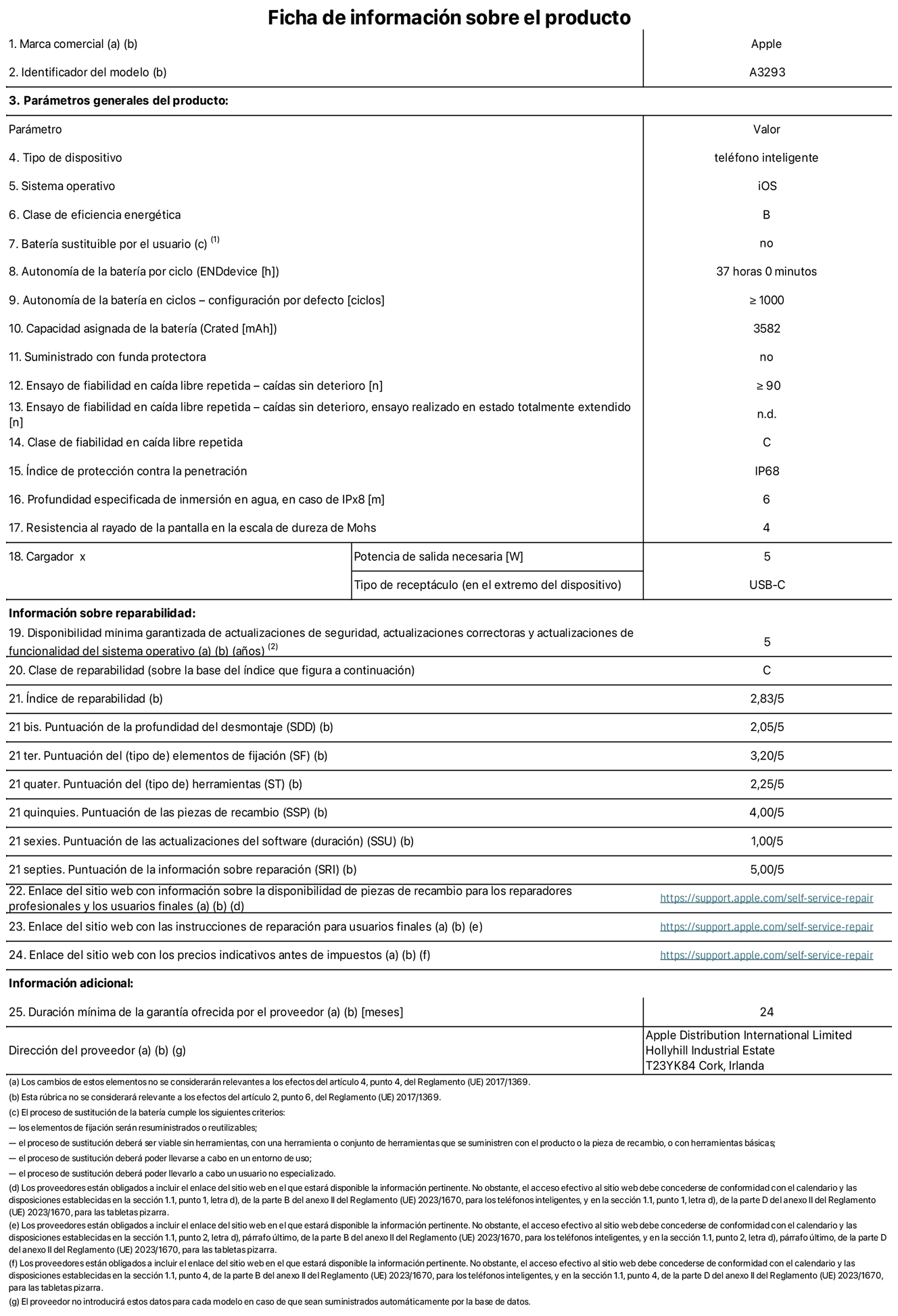 Ficha de información sobre el producto del iPhone 16 Pro. Modelo A3293. Suministrado por Apple Distribution International Limited con sede en Hollyhill Industrial Estate, T23 YK84 Cork (Irlanda). Tipo de dispositivo: Teléfono inteligente. Sistema operativo: iOS. Clase de eficiencia energética: B. Batería sustituible por el usuario: No. Autonomía de la batería por ciclo: 37 horas. Autonomía de la batería en ciclos (configuración por defecto): ≥ 1.000. Capacidad asignada de la batería: 3.582 mAh. Suministrado con funda protectora: No. Caídas sin deterioro en ensayo de fiabilidad en caída libre repetida: ≥ 90. Caídas sin deterioro en ensayo de fiabilidad en caída libre repetida realizado en estado totalmente extendido: N. A. Clase de fiabilidad en caída libre repetida: C. índice de protección contra la penetración: IP68. Profundidad especificada de inmersión en agua, en caso de iPx8 (m): 6. Resistencia al rayado de la pantalla en la escala de dureza de Mohs: 4. Potencia de salida necesaria del cargador: 5 W. Tipo de receptáculo del cargador (en el extremo del dispositivo): USB?C. Disponibilidad mínima garantizada de actualizaciones de seguridad, correctoras y de funcionalidad del sistema operativo: 5 a?os. Clase de reparabilidad: C. índice de reparabilidad: 2,83/5. Puntuación de la profundidad del desmontaje (SDD): 2,05/5. Puntuación de los elementos de fijación: 3,20/5. Puntuación de las herramientas: 2,25/5. Puntuación de las piezas de recambio: 4/5. Puntuación de las actualizaciones de software: 1/5. Puntuación de la información sobre reparación: 5/5. Enlace del sitio web con información sobre la disponibilidad de piezas de recambio para reparadores profesionales y usuarios finales: https://support.apple.com/self-service-repair. Enlace del sitio web con las instrucciones de reparación para usuarios finales: https://support.apple.com/self-service-repair. Enlace del sitio web con los precios indicativos antes de impuestos: https://support.apple.com/self-service-repair. Se ofrece una garantía general de 24 meses.