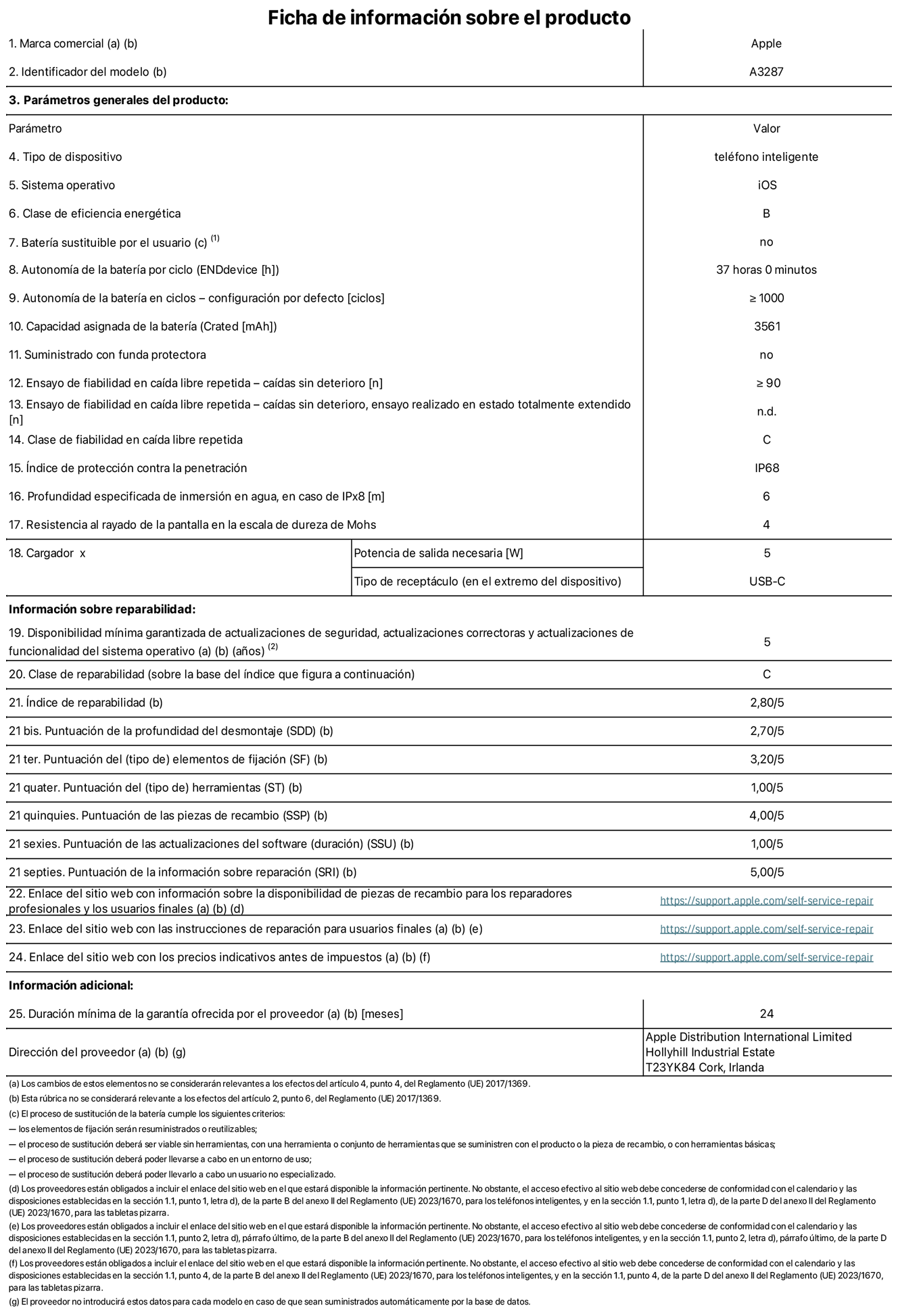 Ficha de información sobre el producto del iPhone 16. Modelo A3287. Suministrado por Apple Distribution International Limited con sede en Hollyhill Industrial Estate, T23 YK84 Cork (Irlanda). Tipo de dispositivo: Teléfono inteligente. Sistema operativo: iOS. Clase de eficiencia energética: B. Batería sustituible por el usuario: No. Autonomía de la batería por ciclo: 37 horas. Autonomía de la batería en ciclos (configuración por defecto): ≥ 1.000. Capacidad asignada de la batería: 3.561 mAh. Suministrado con funda protectora: No. Caídas sin deterioro en ensayo de fiabilidad en caída libre repetida: ≥ 90. Caídas sin deterioro en ensayo de fiabilidad en caída libre repetida realizado en estado totalmente extendido: N. A. Clase de fiabilidad en caída libre repetida: C. índice de protección contra la penetración: IP68. Profundidad especificada de inmersión en agua, en caso de iPx8 (m): 6. Resistencia al rayado de la pantalla en la escala de dureza de Mohs: 4. Potencia de salida necesaria del cargador: 5 W. Tipo de receptáculo del cargador (en el extremo del dispositivo): USB?C. Disponibilidad mínima garantizada de actualizaciones de seguridad, correctoras y de funcionalidad del sistema operativo: 5 a?os. Clase de reparabilidad: C. índice de reparabilidad: 2,80/5. Puntuación de la profundidad del desmontaje (SDD): 2,70/5. Puntuación de los elementos de fijación: 3,20/5. Puntuación de las herramientas: 1/5. Puntuación de las piezas de recambio: 4/5. Puntuación de las actualizaciones de software: 1/5. Puntuación de la información sobre reparación: 5/5. Enlace del sitio web con información sobre la disponibilidad de piezas de recambio para reparadores profesionales y usuarios finales: https://support.apple.com/self-service-repair. Enlace del sitio web con las instrucciones de reparación para usuarios finales: https://support.apple.com/self-service-repair. Enlace del sitio web con los precios indicativos antes de impuestos: https://support.apple.com/self-service-repair. Se ofrece una garantía general de 24 meses.