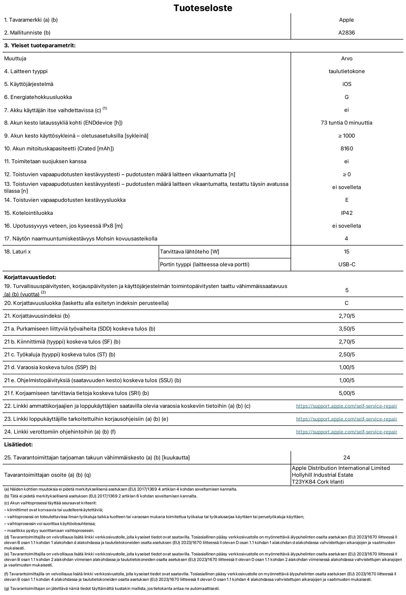 11 tuuman iPad Pron (Wi-Fi) tuotetiedot, malli A2836. Toimittaja: Apple Distribution International Ltd, Hollyhill Industrial Estate. Cork, Irlanti T23 YK84. Laitteen tyyppi: tabletti. K?ytt?j?rjestelm?: iOS. Energiatehokkuusluokka: G. Akku k?ytt?j?n itse vaihdettavissa: ei. Akun kesto: 73 tuntia. Akun kesto k?ytt?syklein?: ≥ 1 000. Akun mitoituskapasiteetti: 8 160 mAh. Toistuvien vapaapudotusten kest?vyystesti – pudotusten m??r? laitteen vikaantumatta: ≥ 0. Toistuvien vapaapudotusten kest?vyysluokka: E. Kotelointiluokka: IP42. N?yt?n naarmuuntumiskest?vyys Mohsin kovuusasteikolla: 4. Laturin tarvittava l?ht?teho: 15 W. Laturin portin tyyppi: USB-C. Turvallisuusp?ivitysten, korjausp?ivitysten ja k?ytt?j?rjestelm?n toimintop?ivitysten taattu v?himm?issaatavuus: 5 vuotta. Korjattavuusluokka: C. Korjattavuusindeksi: 2,70/5. Purkamiseen liittyvi? ty?vaiheita koskeva tulos: 3,50/5. Kiinnittimi? koskeva tulos: 2,70/5. Ty?kaluja koskeva tulos: 2,50/5. Varaosia koskeva tulos: 1,00/5. Ohjelmistop?ivityksi? koskeva tulos: 1,00/5. Korjaamiseen tarvittavia tietoja koskeva tulos: 5,00/5. Linkki ammattikorjaajien ja loppuk?ytt?jien saatavilla olevia varaosia koskeviin tietoihin: https://support.apple.com/self-service-repair. Linkki loppuk?ytt?jille tarkoitettuihin korjausohjeisiin: https://support.apple.com/self-service-repair. Linkki verottomiin ohjehintoihin: https://support.apple.com/self-service-repair. Yleistakuun kesto 24 kuukautta.