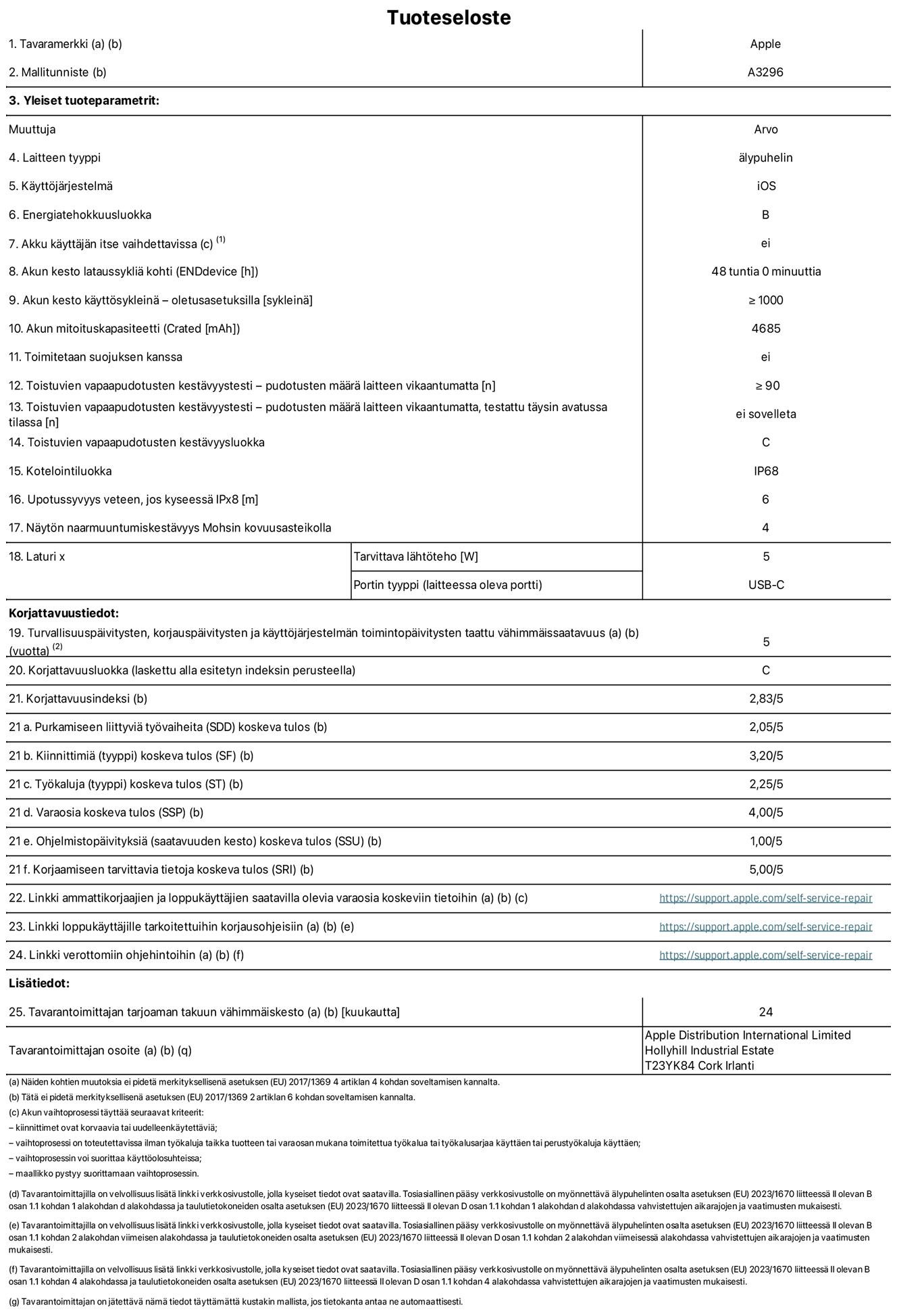 iPhone 16 Pro Maxin tuotetiedot, malli A3296. Toimittaja: Apple Distribution International Limited, Hollyhill Industrial Estate. Cork, Irlanti T23 YK84. Laitteen tyyppi: ?lypuhelin. K?ytt?j?rjestelm?: iOS. Energiatehokkuusluokka: B. Akku k?ytt?j?n itse vaihdettavissa: ei. Akun kesto lataussykli? kohti: 48 tuntia. Akun kesto k?ytt?syklein? – oletusasetuksilla: V?hint??n 1 000. Akun mitoituskapasiteetti: 4 685 mAh. Toimitetaan suojuksen kanssa: ei. Toistuvien vapaapudotusten kest?vyystesti – pudotusten m??r? laitteen vikaantumatta: ≥ 90. Toistuvien vapaapudotusten kest?vyystesti – pudotusten m??r? laitteen vikaantumatta, testattu t?ysin avatussa tilassa: ei sovelleta. Toistuvien vapaapudotusten kest?vyysluokka: C. Kotelointiluokka: IP68. Upotussyvyys veteen, jos kyseess? IPx8: 6 metri?. N?yt?n naarmuuntumiskest?vyys Mohsin kovuusasteikolla: 4. Laturin tarvittava l?ht?teho: 5 W. Laturin portin tyyppi (laitteessa): USB-C. Turvallisuusp?ivitysten, korjausp?ivitysten ja k?ytt?j?rjestelm?n toimintop?ivitysten taattu v?himm?issaatavuus: 5 vuotta. Korjattavuusluokka: C. Korjattavuusindeksi: 2,83/5. Purkamiseen liittyvi? ty?vaiheita (SDD) koskeva tulos: 2,05/5. Kiinnittimi? koskeva tulos: 3,20/5. Ty?kaluja koskeva tulos: 1,00/5. Varaosia koskeva tulos: 4,00/5. Ohjelmistop?ivityksi? koskeva tulos: 1,00/5. Korjaamiseen tarvittavia tietoja koskeva tulos: 5,00/5. Linkki ammattikorjaajien ja loppuk?ytt?jien saatavilla olevia varaosia koskeviin tietoihin: https://support.apple.com/self-service-repair. Linkki loppuk?ytt?jille tarkoitettuihin korjausohjeisiin: https://support.apple.com/self-service-repair. Linkki verottomiin ohjehintoihin: https://support.apple.com/self-service-repair. Yleistakuun kesto 24 kuukautta.