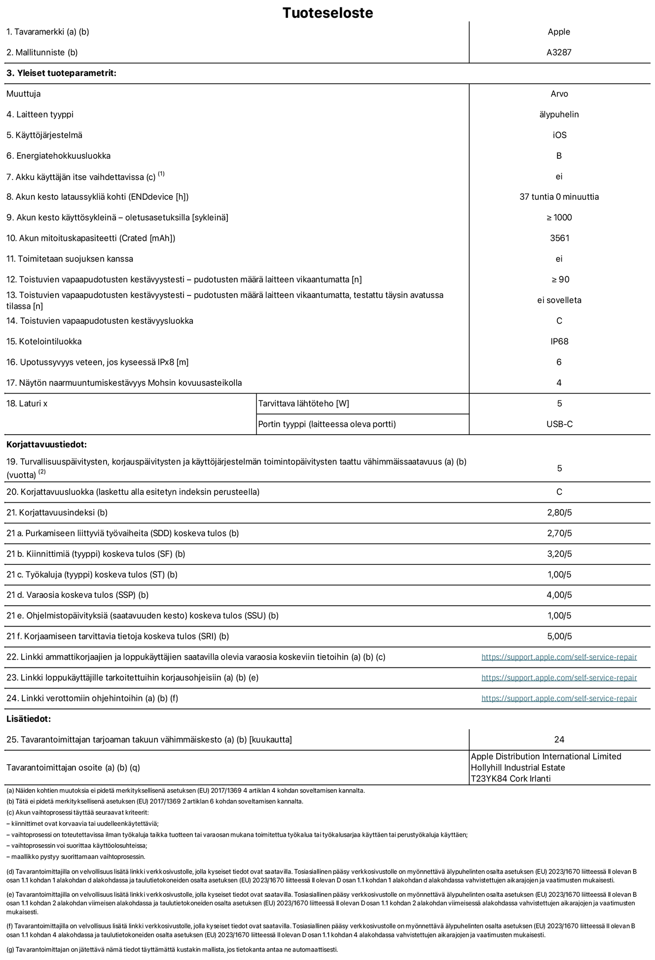 iPhone 16:n tuotetiedot, malli A3287. Toimittaja: Apple Distribution International Limited, Hollyhill Industrial Estate. Cork, Irlanti T23 YK84. Laitteen tyyppi: ?lypuhelin. K?ytt?j?rjestelm?: iOS. Energiatehokkuusluokka: B. Akku k?ytt?j?n itse vaihdettavissa: ei. Akun kesto lataussykli? kohti: 37 tuntia. Akun kestok?ytt?syklein? – oletusasetuksilla: ≥ 1 000. Akun mitoituskapasiteetti: 3 561 mAh. Toimitetaan suojuksen kanssa: ei. Toistuvien vvapaapudotusten kest?vyystesti – pudotusten m??r? laitteen vikaantumatta: ≥ 90. Toistuvien vapaapudotusten kest?vyystesti – pudotusten m??r? laitteen vikaantumatta, testattu t?ysin avatussa tilassa: ei sovelleta. Toistuvien vapaapudotusten kest?vyysluokka: C. Kotelointiluokka: IP68. Upotussyvyys veteen, jos kyseess? IPx8: 6 metri?. N?yt?n naarmuuntumiskest?vyys Mohsin kovuusasteikolla: 4. Laturin tarvittava l?ht?teho: 5 W. Laturin portin tyyppi (laitteessa): USB-C. Turvallisuusp?ivitysten, korjausp?ivitysten ja k?ytt?j?rjestelm?n toimintop?ivitysten taattu v?himm?issaatavuus: 5 vuotta. Korjattavuusluokka: C. Korjattavuusindeksi: 2,80/5. Purkamiseen liittyvi? ty?vaiheita (SDD) koskeva tulos: 2,70/5. Kiinnittimi? koskeva tulos: 3,20/5. Ty?kaluja koskeva tulos: 1,00/5. Varaosia koskeva tulos: 4,00/5. Ohjelmistop?ivityksi? koskeva tulos: 1,00/5. Korjaamiseen tarvittavia tietoja koskeva tulos: 5,00/5. Linkki ammattikorjaajien ja loppuk?ytt?jien saatavilla olevia varaosia koskeviin tietoihin: https://support.apple.com/self-service-repair. Linkki loppuk?ytt?jille tarkoitettuihin korjausohjeisiin: https://support.apple.com/self-service-repair. Linkki verottomiin ohjehintoihin: https://support.apple.com/self-service-repair. Yleistakuun kesto 24 kuukautta.