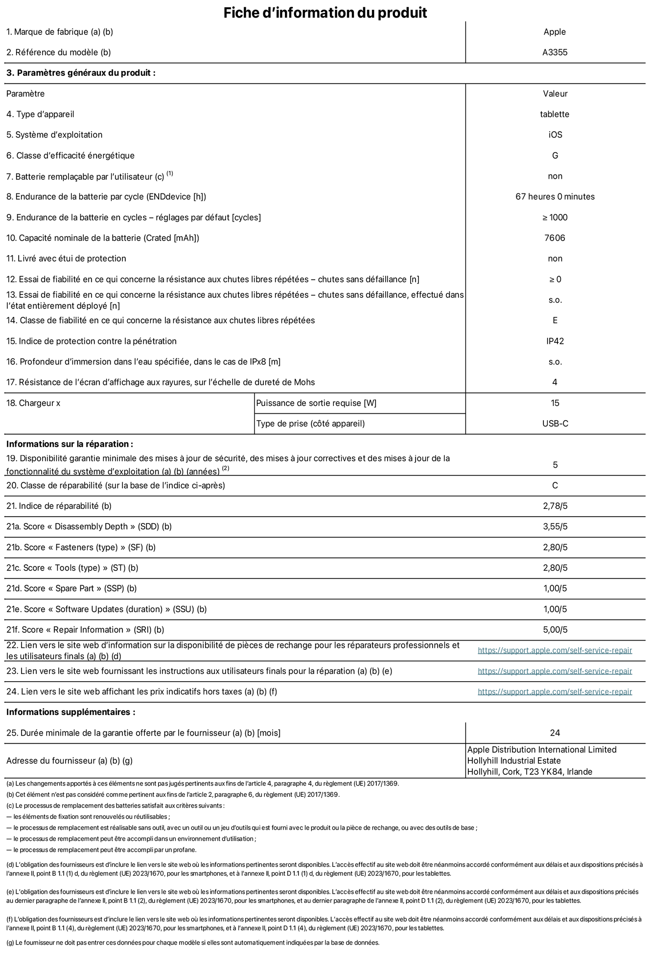 Fiche d’informations produit de l’iPad Wi?Fi + Cellular, modèle A3355. Fournie par Apple Distribution International Ltd, Hollyhill Industrial Estate. Cork, T23 YK84, Irlande Type d’appareil : tablette. Système d’exploitation : iOS. Classe d’efficacité énergétique : G. Batterie rempla?able par l’utilisateur : non. Endurance de la batterie : 67 heures. Endurance de la batterie en cycles : ≥ 1 000. Capacité nominale de la batterie : 7 606 mAh. Essai de fiabilité en ce qui concerne la résistance aux chutes libres répétées – chutes sans défaillance : ≥ 0. Classe de fiabilité en ce qui concerne la résistance aux chutes libres répétées : E. Indice de protection contre la pénétration : IP42. Résistance de l’écran d’affichage aux rayures sur l’échelle de dureté de Mohs : 4. Puissance de sortie requise du chargeur : 15 W. Type de prise : USB?C. Disponibilité garantie minimale des mises à jour de sécurité, des mises à jour correctives et des mises à jour de la fonctionnalité du système d’exploitation : 5 ans. Classe de réparabilité : C. Indice de réparabilité : 2,78/5. Score pour la profondeur de désassemblage : 3,55/5. Score pour les éléments de fixation : 2,80/5. Score pour les outils : 2,80/5. Score pour les pièces de rechange : 1,00/5. Score pour les mises à jour logicielles : 1,00/5. Score pour les informations de réparation : 5,00/5. Lien vers le site web d’information sur la disponibilité des pièces de rechange pour les réparateurs professionnels et les utilisateurs finaux : https://support.apple.com/self-service-repair. Lien vers le site web fournissant les instructions aux utilisateurs finaux pour la réparation : https://support.apple.com/self-service-repair. Lien vers le site web affichant les prix indicatifs hors taxes : https://support.apple.com/self-service-repair. Garantie générale de 24 mois offerte.