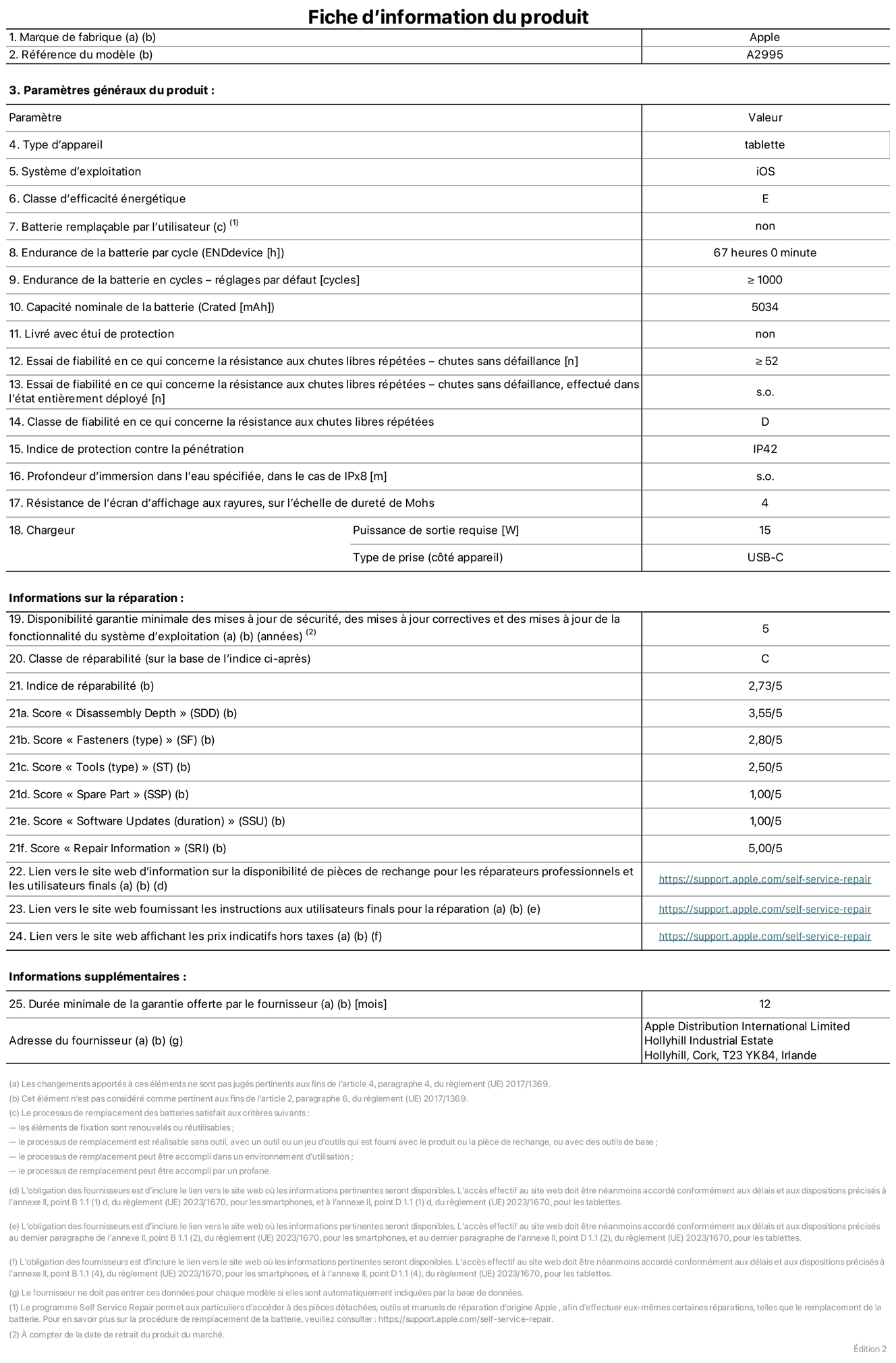 Fiche d’informations produit de l’iPad mini Wi?Fi + Cellular, modèle A2995. Fournie par Apple Distribution International Ltd, Hollyhill Industrial Estate. Cork, T23 YK84, Irlande Type d’appareil : tablette. Système d’exploitation : iOS. Classe d’efficacité énergétique : E. Batterie rempla?able par l’utilisateur : non. Endurance de la batterie : 67 heures. Endurance de la batterie en cycles : supérieure ou égale à 1 000. Capacité nominale de la batterie : 5 034 mAh. Essai de fiabilité en ce qui concerne la résistance aux chutes libres répétées – chutes sans défaillance : supérieur ou égal à 52. Classe de fiabilité en ce qui concerne la résistance aux chutes libres répétées : D. Indice de protection contre la pénétration : IP42. Résistance de l’écran d’affichage aux rayures sur l’échelle de dureté de Mohs : 4. Puissance de sortie requise du chargeur : 15 W. Type de prise : USB?C. Disponibilité garantie minimale des mises à jour de sécurité, des mises à jour correctives et des mises à jour de la fonctionnalité du système d’exploitation : 5 ans. Classe de réparabilité : C. Indice de réparabilité : 2,73/5. Score pour la profondeur de désassemblage : 3,55/5. Score pour les éléments de fixation : 2,80/5. Score pour les outils : 2,50/5. Score pour les pièces de rechange : 1,00/5. Score pour les mises à jour logicielles : 1,00/5. Score pour les informations de réparation : 5,00/5. Lien vers le site web d’information sur la disponibilité des pièces de rechange pour les réparateurs professionnels et les utilisateurs finaux : https://support.apple.com/self-service-repair. Lien vers le site web fournissant les instructions aux utilisateurs finaux pour la réparation : https://support.apple.com/self-service-repair. Lien vers le site web affichant les prix indicatifs hors taxes : https://support.apple.com/self-service-repair. Garantie générale de 12 mois offerte.