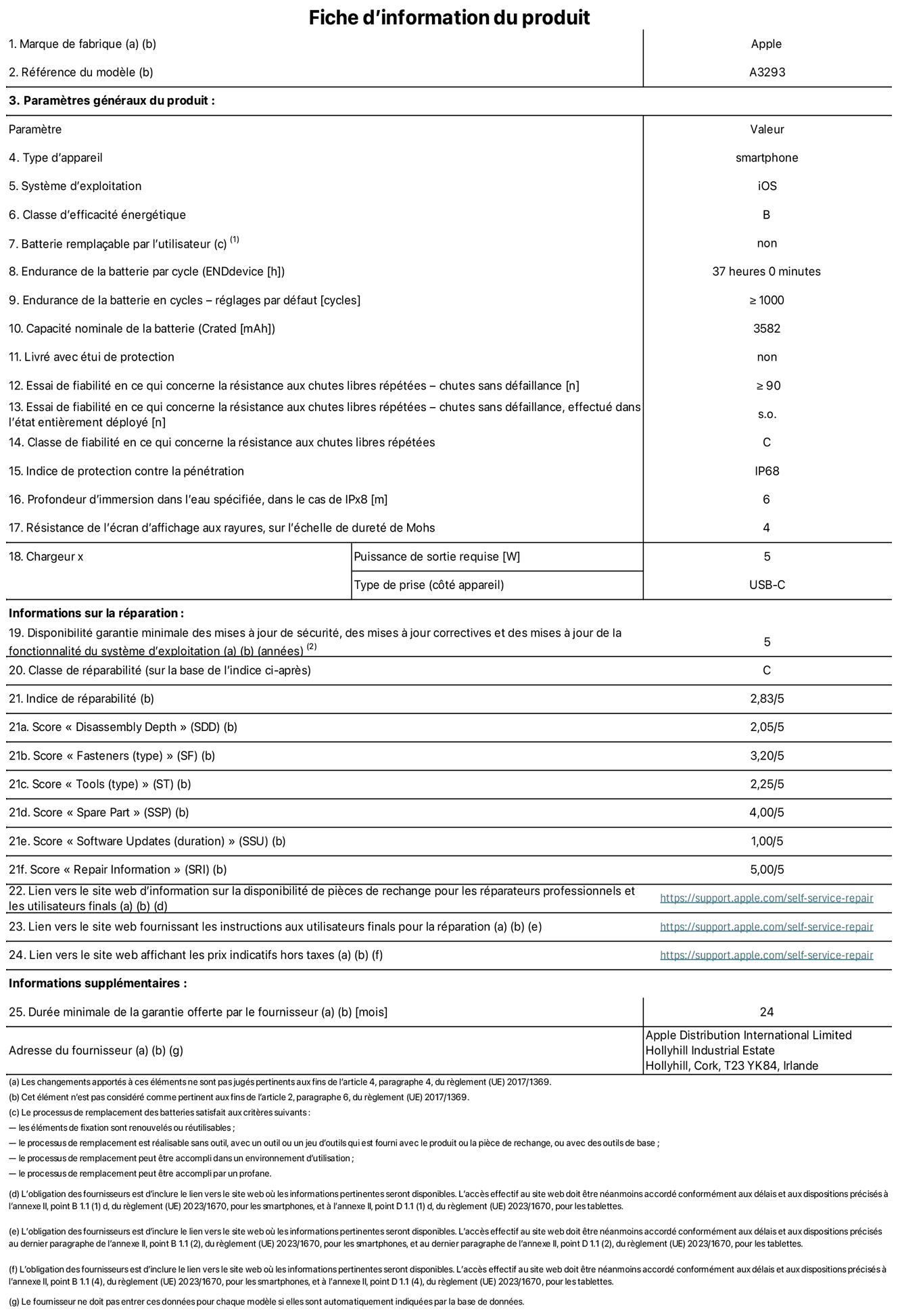 Fiche d’informations produit de l’iPhone 16 Pro, modèle A3293. Fournie par Apple Distribution International Limited, Hollyhill Industrial Estate. Cork, T23 YK84, Irlande Type d’appareil : smartphone. Système d’exploitation : iOS. Classe d’efficacité énergétique : B. Batterie rempla?able par l’utilisateur : non. Endurance de la batterie par cycle : 37 heures. Endurance de la batterie en cycles – réglages par défaut : ≥ 1 000. Capacité nominale de la batterie : 3 582 mAh. Livré avec étui de protection : non. Essai de fiabilité en ce qui concerne la résistance aux chutes libres répétées – chutes sans défaillance : ≥ 90. Essai de fiabilité en ce qui concerne la résistance aux chutes libres répétées – chutes sans défaillance, effectué dans l’état entièrement déployé : non applicable. Classe de fiabilité en ce qui concerne la résistance aux chutes libres répétées : C. Indice de protection contre la pénétration : IP68. Profondeur d’immersion spécifiée, dans le cas de l’IPx8 : 6 mètres. Résistance de l’écran d’affichage aux rayures sur l’échelle de dureté de Mohs : 4. Puissance de sortie requise du chargeur : 5 W. Type de prise (c?té appareil) : USB?C. Disponibilité garantie minimale des mises à jour de sécurité, des mises à jour correctives et des mises à jour de la fonctionnalité du système d’exploitation : 5 ans. Classe de réparabilité : C. Indice de réparabilité : 2,83/5. Score pour la profondeur de désassemblage (SDD) : 2,05/5. Score pour les éléments de fixation : 3,20/5. Score pour les outils : 2,25/5. Score pour les pièces de rechange : 4,00/5. Score pour les mises à jour logicielles : 1,00/5. Score pour les informations concernant la réparation : 5,00/5. Lien vers le site web d’information sur la disponibilité des pièces de rechange pour les réparateurs professionnels et les utilisateurs finaux : https://support.apple.com/self-service-repair. Lien vers le site web fournissant les instructions aux utilisateurs finaux pour la réparation : https://support.apple.com/self-service-repair. Lien vers le site web affichant les prix indicatifs hors taxes : https://support.apple.com/self-service-repair. Garantie générale de 24 mois offerte.