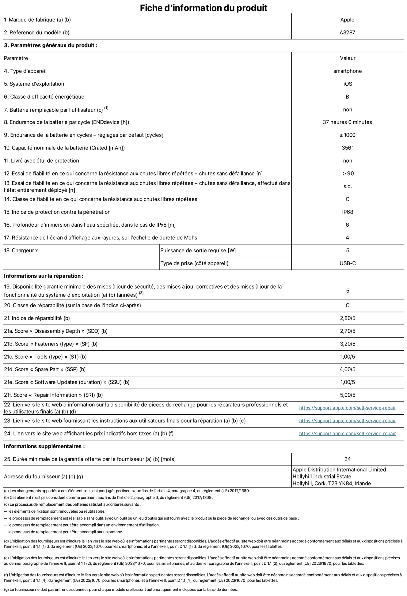 Fiche d’informations produit de l’iPhone 16, modèle A3287. Fournie par Apple Distribution International Limited, Hollyhill Industrial Estate. Cork, T23 YK84, Irlande Type d’appareil : smartphone. Système d’exploitation : iOS. Classe d’efficacité énergétique : B. Batterie rempla?able par l’utilisateur : non. Endurance de la batterie par cycle : 37 heures. Endurance de la batterie en cycles – réglages par défaut : ≥ 1 000. Capacité nominale de la batterie : 3 561 mAh. Livré avec étui de protection : non. Essai de fiabilité en ce qui concerne la résistance aux chutes libres répétées – chutes sans défaillance : ≥ 90. Essai de fiabilité en ce qui concerne la résistance aux chutes libres répétées – chutes sans défaillance, effectué dans l’état entièrement déployé : non applicable. Classe de fiabilité en ce qui concerne la résistance aux chutes libres répétées : C. Indice de protection contre la pénétration : IP68. Profondeur d’immersion spécifiée, dans le cas de l’IPx8 : 6 mètres. Résistance de l’écran d’affichage aux rayures sur l’échelle de dureté de Mohs : 4. Puissance de sortie requise du chargeur : 5 W. Type de prise (c?té appareil) : USB?C. Disponibilité garantie minimale des mises à jour de sécurité, des mises à jour correctives et des mises à jour de la fonctionnalité du système d’exploitation : 5 ans. Classe de réparabilité : C. Indice de réparabilité : 2,80/5. Score pour la profondeur de désassemblage (SDD) : 2,70/5. Score pour les éléments de fixation : 3,20/5. Score pour les outils : 1,00/5. Score pour les pièces de rechange : 4,00/5. Score pour les mises à jour logicielles : 1,00/5. Score pour les informations concernant la réparation : 5,00/5. Lien vers le site web d’information sur la disponibilité des pièces de rechange pour les réparateurs professionnels et les utilisateurs finaux : https://support.apple.com/self-service-repair. Lien vers le site web fournissant les instructions aux utilisateurs finaux pour la réparation : https://support.apple.com/self-service-repair. Lien vers le site web affichant les prix indicatifs hors taxes : https://support.apple.com/self-service-repair. Garantie générale de 24 mois offerte.