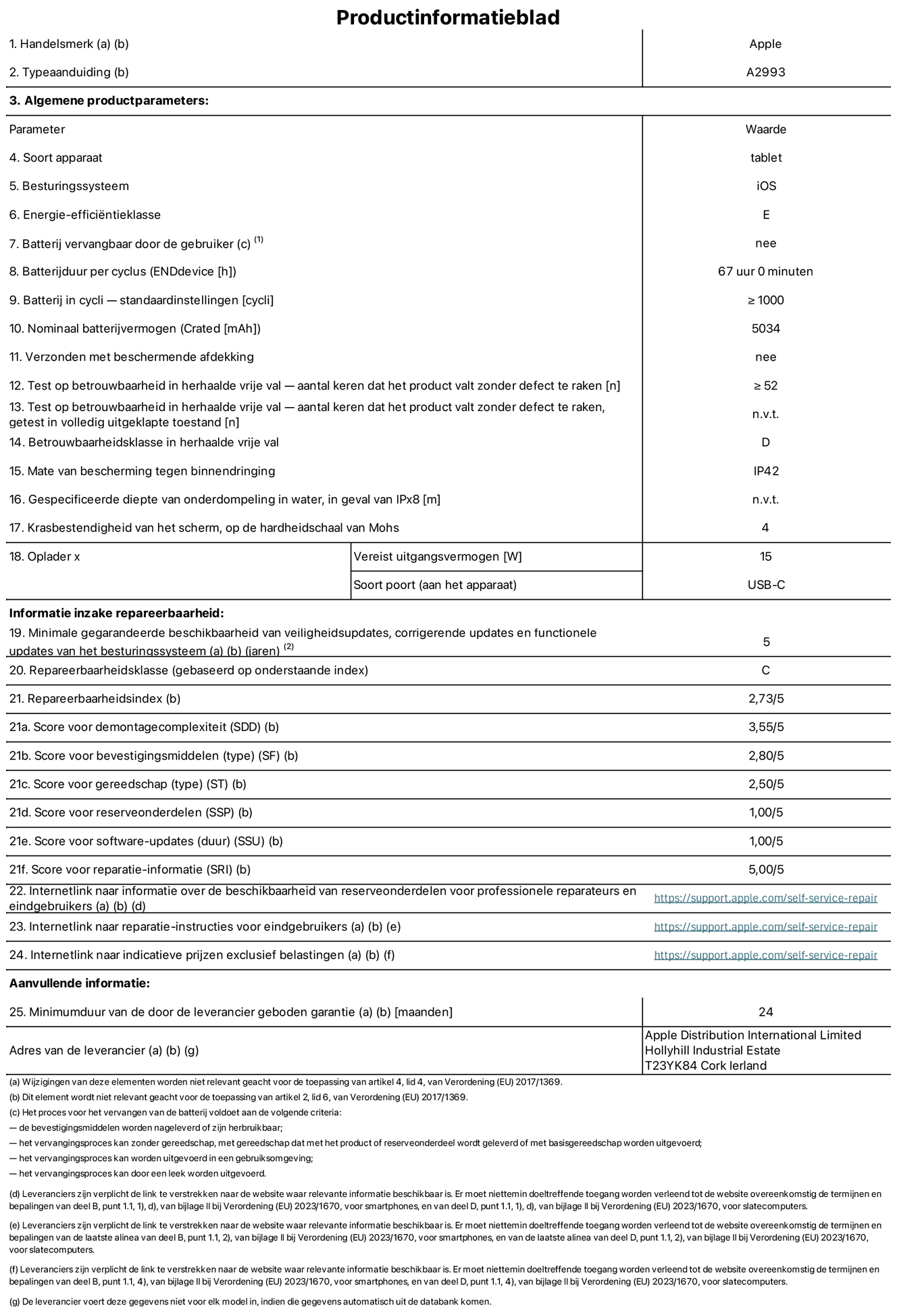 Productinformatieblad voor iPad mini Wi-Fi, model A2993. Verstrekt door Apple Distribution International Limited, Hollyhill Industrial Estate. Cork, Ierland T23 YK84. Type device: tablet. Besturingssysteem: iOS. Energie-effici?ntieklasse: E. Batterij door de gebruiker te vervangen: nee. Batterijduur: 67 uur. Batterijduur in cycli: groter dan of gelijk aan 1000. Nominale batterijcapaciteit: 5034 mAh. Herhaalde betrouwbaarheidstest voor vrije val, valt zonder defect: groter dan of gelijk aan 52. Herhaalde vrije val betrouwbaarheidsklasse: D. Beschermingsklasse: IP42. Krasbestendigheid van het scherm op de hardheidsschaal van Mohs: 4. Vereist uitgangsvermogen van de oplader: 15 W. Type opladeraansluiting: USB-C. Minimale gegarandeerde beschikbaarheid van beveiligingsupdates van het besturingssysteem, corrigerende updates en functionaliteitsupdates: 5 jaar. Herstelbaarheidsklasse: C. Herstelbaarheidsindex: 2,73/5. Score demontagediepte: 3,55/5. Score sluitingen: 2,80/5. Gereedschapsscore: 2,50/5. Reservedeelscore: 1,00/5. Score software-updates: 1,00/5. Score reparatiegegevens: 5,00/5. Weblink naar informatie over de beschikbaarheid van reserveonderdelen voor professionele reparaties en eindgebruikers: https://support.apple.com/self-service-repair. Weblink voor reparatie-instructies voor eindgebruikers: https://support.apple.com/self-service-repair. Weblink naar indicatieve prijzen vóór belasting: https://support.apple.com/self-service-repair. Inclusief 24 maanden algemene garantie.