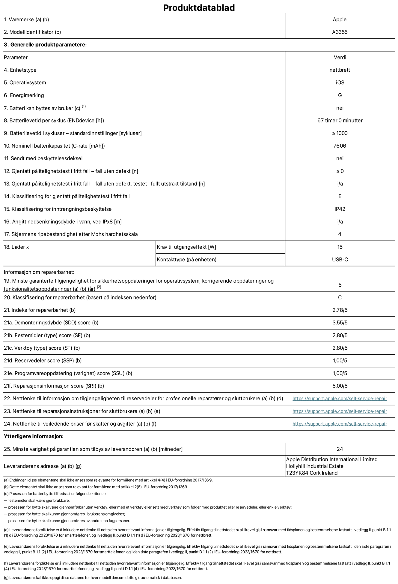 Produktdatablad for iPad Wi?Fi + Cellular – modell A3355. Levert av Apple Distribution International Ltd, Hollyhill Industrial Estate. Cork, Irland T23 YK84. Enhetstype: nettbrett. Operativsystem: iOS. Energieffektivitetsklasse: G. Batteriet kan byttes av brukeren: nei. Batteriets holdbarhet: 67 timer. Batteriets holdbarhet i antall ladesykluser: ≥ 1000. Nominell batterikapasitet: 7606 mAh. Holdbarhetstest ved gjentatte fall – antall fall uten feil: ≥ 0. Holdbarhetsklasse ved gjentatte fall: E. Kapslingsgrad: IP42. Skjermens ripefasthet p? Mohs skala: 4. Krav til laderens utgangseffekt: 15 watt. Laderens stikkontakt: USB-C. Minstegaranti for tilgang p? sikkerhetsoppdateringer, feilrettinger og funksjonsoppdateringer til operativsystemet: 5 ?r. Reparerbarhetsklasse: C. Reparerbarhetsindeks: 2,78/5. Demontering: 3,55/5. Festeanordninger: 2,80/5. Verkt?y: 2,80/5. Reservedeler: 1,00/5. Programvareoppdateringer: 1,00/5. Informasjon om reparasjon: 5,00/5. Lenke til informasjon om tilgjengelighet for reservedeler for profesjonelle reparat?rer og sluttbrukere: https://support.apple.com/self-service-repair. Lenke til reparasjonsveiledning for sluttbrukere: https://support.apple.com/self-service-repair. Lenke til veiledende priser ekskl. mva: https://support.apple.com/self-service-repair. Produktet omfattes av en 24-m?neders generell garanti.