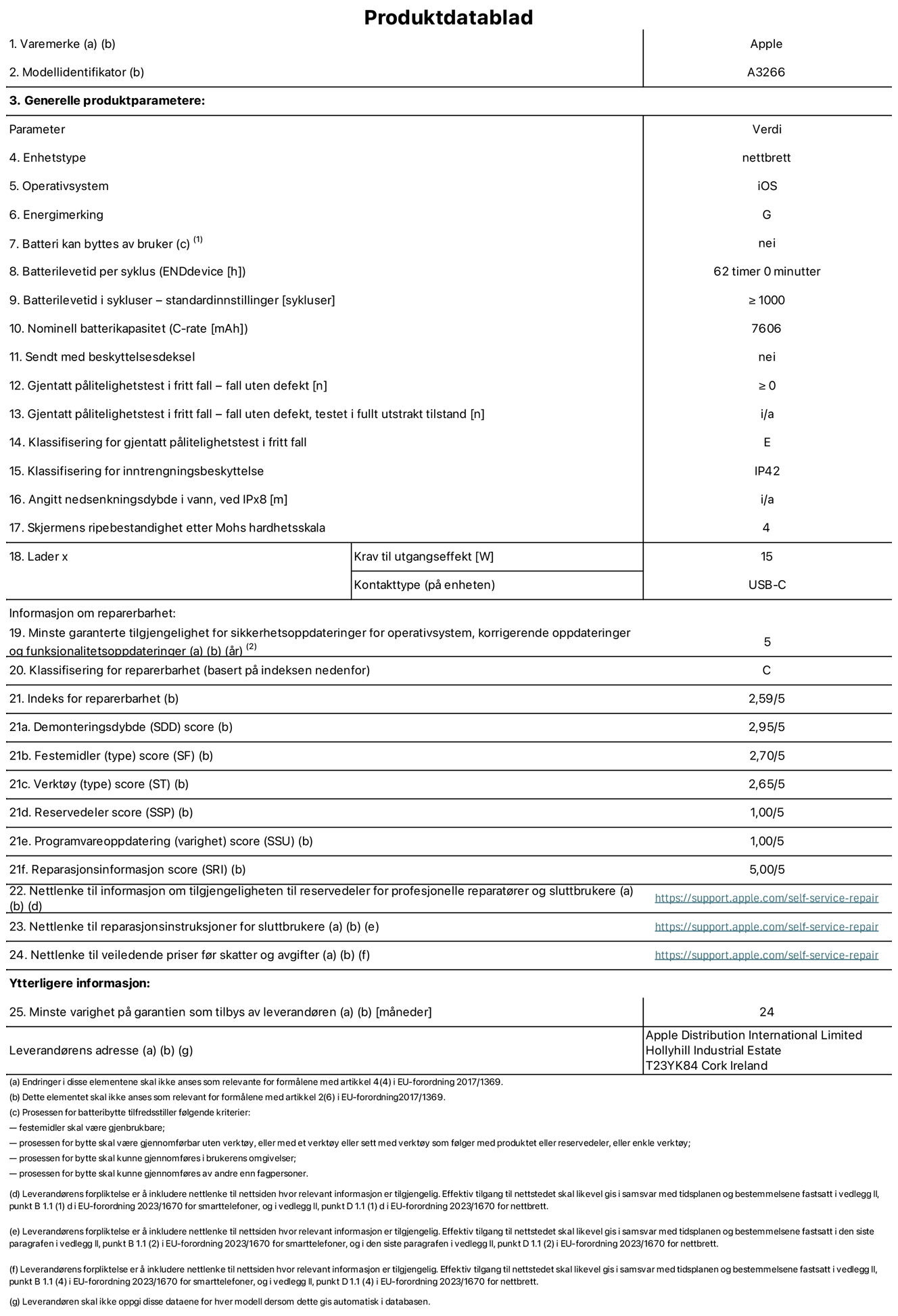 Produktdatablad for 11-tommers iPad Air Wi?Fi – modell A3266. Levert av Apple UK Ltd, 100 New Bridge Street, London EC4V 6JA. Enhetstype: nettbrett. Operativsystem: iOS. Energieffektivitetsklasse for standard dynamisk omfang: G. Batteriets holdbarhet: 62 timer. Batteriets holdbarhet i antall ladesykluser: ≥ 1000. Nominell batterikapasitet: 7606 mAh. Holdbarhetstest ved gjentatte fall – antall fall uten feil: ≥ 0. Holdbarhetsklasse ved gjentatte fall: E. Kapslingsgrad: IP42. Skjermens ripefasthet p? Mohs skala: 4. Krav til laderens utgangseffekt: 15 watt. Laderens stikkontakt: USB-C. Minstegaranti for tilgang p? sikkerhetsoppdateringer, feilrettinger og funksjonsoppdateringer til operativsystemet: 5 ?r. Reparerbarhetsklasse: C. Reparerbarhetsindeks: 2,59/5. Demontering: 2,95/5. Festeanordninger (type): 2,70/5. Verkt?y: 2,65/5. Reservedeler: 1,00/5. Programvareoppdateringer: 1,00/5. Informasjon om reparasjon: 5,00/5. Lenke til informasjon om tilgjengelighet for reservedeler for profesjonelle reparat?rer og sluttbrukere: https://support.apple.com/self-service-repair. Lenke til reparasjonsveiledning for sluttbrukere: https://support.apple.com/self-service-repair. Lenke til veiledende priser ekskl. mva: https://support.apple.com/self-service-repair. Produktet omfattes av en 24-m?neders generell garanti.