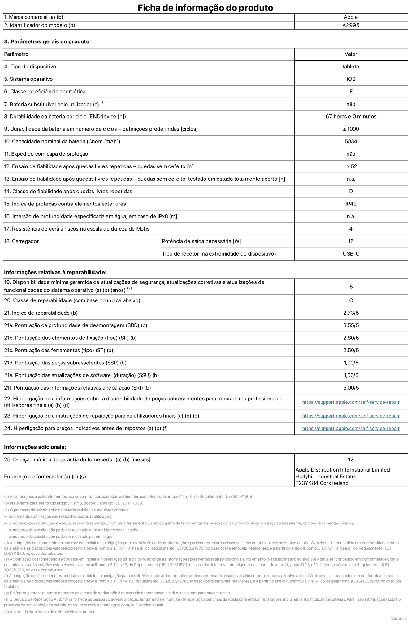 Folha de informa??es do produto para o iPad mini Wi-Fi + Cellular, modelo A2995. Fornecido pela Apple Distribution International Ltd, Hollyhill Industrial Estate. Cork, Irlanda T23 YK84. Tipo de dispositivo: tablet. Sistema operativo: iOS. Classe de eficiência energética: E. Bateria substituível pelo utilizador: n?o. Autonomia da bateria: 67 horas. Autonomia da bateria em ciclos: número igual ou superior a 1000. Capacidade nominal da bateria: 5034 mAh. Teste de fiabilidade após quedas livres repetidas - quedas sem defeito: número igual ou superior a 52. Classe de fiabilidade após quedas livres repetidas: D. índice de prote??o contra elementos exteriores: IP42. Resistência do ecr? a riscos na escala de dureza de Mohs: 4. Potência de saída necessária do carregador: 15 W. Tipo de recetor do carregador: USB-C. Disponibilidade mínima garantida de atualiza??es de seguran?a, atualiza??es corretivas e atualiza??es de funcionalidades do sistema operativo: 5 anos. Classe de reparabilidade: C. índice de reparabilidade: 2,73/5. Pontua??o da profundidade de desmontagem: 3,55/5. Pontua??o dos elementos de fixa??o: 2,80/5. Pontua??o das ferramentas: 2,50/5. Pontua??o das pe?as sobresselentes: 1,00/5. Pontua??o das atualiza??es de software: 1,00/5. Pontua??o das informa??es relativas a repara??o: 5,00/5. Hiperliga??o para informa??es sobre a disponibilidade de pe?as sobresselentes para reparadores profissionais e utilizadores finais: https://support.apple.com/self-service-repair. Hiperliga??o para instru??es de repara??o para utilizadores finais: https://support.apple.com/self-service-repair. Hiperliga??o para pre?os indicativos antes de impostos: https://support.apple.com/self-service-repair. Oferta de garantia geral de 12 meses.