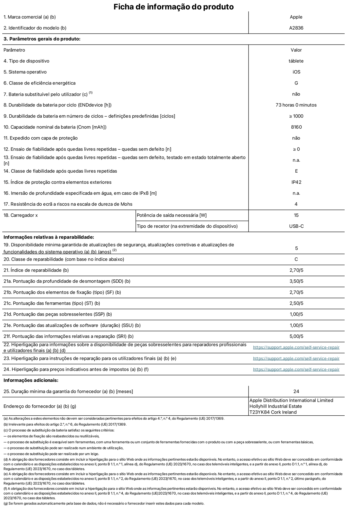 Folha de informa??es do produto para o iPad Pro de 11 polegadas Wi-Fi, modelo A2836. Fornecido pela Apple Distribution International Ltd, Hollyhill Industrial Estate. Cork, Irlanda T23 YK84. Tipo de dispositivo: tablet. Sistema operativo: iOS. Classe de eficiência energética: G. Bateria substituível pelo utilizador: n?o. Autonomia da bateria: 73 horas. Autonomia da bateria em ciclos: ≥ 1000. Capacidade nominal da bateria: 8160 mAh. Teste de fiabilidade após quedas livres repetidas - quedas sem defeito: ≥ 0. Classe de fiabilidade após quedas livres repetidas: E. índice de prote??o contra elementos exteriores: IP42. Resistência do ecr? a riscos na escala de dureza de Mohs: 4. Potência de saída necessária do carregador: 15 W. Tipo de recetor do carregador: USB-C. Disponibilidade mínima garantida de atualiza??es de seguran?a, atualiza??es corretivas e atualiza??es de funcionalidades do sistema operativo: 5 anos. Classe de reparabilidade: C. índice de reparabilidade: 2,70/5. Pontua??o da profundidade de desmontagem: 3,50/5. Pontua??o dos elementos de fixa??o: 2,70/5. Pontua??o das ferramentas: 2,50/5. Pontua??o das pe?as sobresselentes: 1,00/5. Pontua??o das atualiza??es de software: 1,00/5. Pontua??o das informa??es relativas a repara??o: 5,00/5. Hiperliga??o para informa??es sobre a disponibilidade de pe?as sobresselentes para reparadores profissionais e utilizadores finais: https://support.apple.com/self-service-repair. Hiperliga??o para instru??es de repara??o para utilizadores finais: https://support.apple.com/self-service-repair. Hiperliga??o para pre?os indicativos antes de impostos: https://support.apple.com/self-service-repair. Oferta de garantia geral de 24 meses.