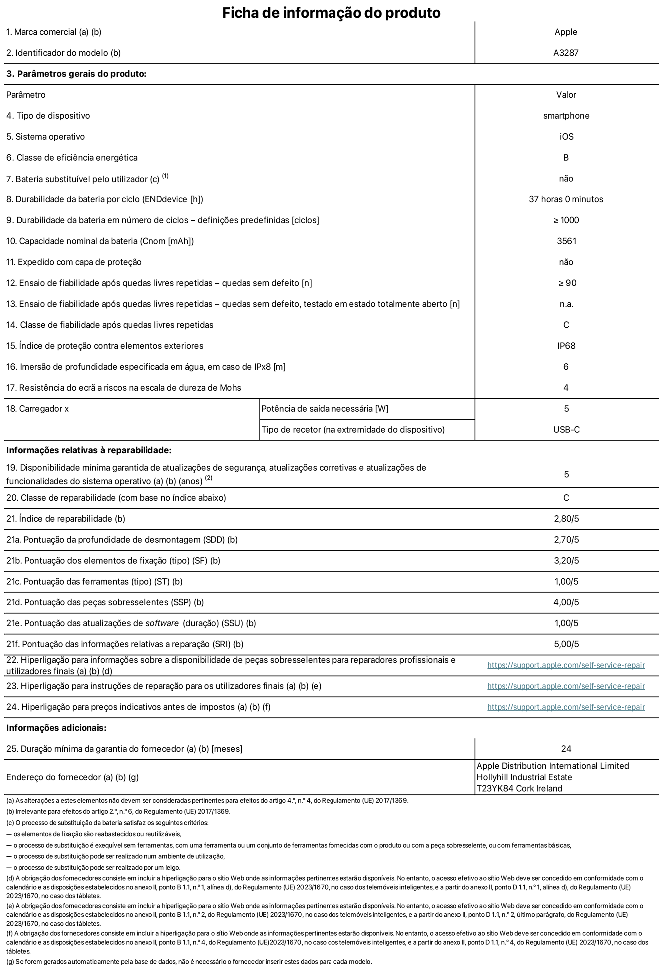 Folha de informa??es do produto para o iPhone 16, modelo A3287. Fornecido pela Apple Distribution International Limited, Hollyhill Industrial Estate. Cork, Irlanda T23 YK84. Tipo de dispositivo: smartphone. Sistema operativo: iOS. Classe de eficiência energética: B. Bateria substituível pelo utilizador: n?o. Autonomia da bateria por ciclo: 37 horas. Autonomia da bateria em ciclos - pré?configura??es: ≥ 1000. Capacidade nominal da bateria: 3561 mAh. Enviado com capa protetora: n?o. Teste de fiabilidade após quedas livres repetidas - quedas sem defeito: ≥ 90. Teste de fiabilidade após quedas livres repetidas - quedas sem defeito testadas no estado totalmente aberto: n?o aplicável. Classe de fiabilidade após quedas livres repetidas: C. índice de prote??o contra elementos exteriores: IP68. Imers?o de profundidade especificada em água, em caso de IPx8: 6. Resistência do ecr? a riscos na escala de dureza de Mohs: 4. Potência de saída necessária do carregador: 5 W. Tipo de recetor do carregador (na extremidade do dispositivo): USB-C. Disponibilidade mínima garantida de atualiza??es de seguran?a, atualiza??es corretivas e atualiza??es de funcionalidades do sistema operativo: 5 anos. Classe de reparabilidade: C. índice de reparabilidade: 2,80/5. Pontua??o da profundidade de desmontagem (SDD): 2,70/5. Pontua??o dos elementos de fixa??o: 3,20/5. Pontua??o das ferramentas: 1,00/5. Pontua??o das pe?as sobresselentes: 4,00/5. Pontua??o das atualiza??es de software: 1,00/5. Pontua??o das informa??es relativas a repara??o: 5,00/5. Hiperliga??o para informa??es sobre a disponibilidade de pe?as sobresselentes para reparadores profissionais e utilizadores finais: https://support.apple.com/self-service-repair. Hiperliga??o para instru??es de repara??o para utilizadores finais: https://support.apple.com/self-service-repair. Hiperliga??o para pre?os indicativos antes de impostos: https://support.apple.com/self-service-repair. Oferta de garantia geral de 24 meses.