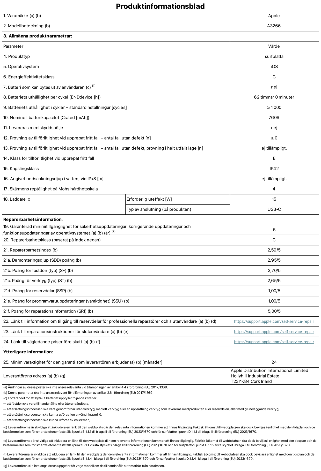 Produktinformationsblad f?r 11-tums iPad Air Wi-Fi, modell A3266. Tillhandah?lls av Apple UK Ltd, 100 New Bridge Street, London EC4V 6JA. Enhetstyp: surfplatta. Operativsystem: iOS. Energieffektivitetsklass f?r Standard Dynamic Range: G. Batteritid: 62 timmar. Batteriets livsl?ngd i antal cykler: ≥ 1000. Nominell batterikapacitet: 7606 mAh. Tillf?rlitlighetstest vid upprepat fritt fall – antal fall utan defekter: ≥ 0. Tillf?rlitlighet vid upprepat fritt fall: klass E. IP-klass: IP42. Sk?rmens rept?lighet enligt Mohs h?rdhetsskala: 4. Laddare – uteffekt som kr?vs: 15 W. Typ av uttag p? laddaren: usb-c. Garanterad minimiperiod f?r tillg?ng till s?kerhetsuppdateringar, korrigerande uppdateringar och funktionsuppdateringar av operativsystemet: 5 ?r. Reparerbarhetsklass: C. Reparerbarhetsindex: 2,59/5. Po?ng f?r demonteringsdjup: 2,95/5. Po?ng f?r f?sten (typ): 2,70/5. Po?ng f?r verktyg: 2,65/5. Po?ng f?r reservdelar: 1,00/5. Po?ng f?r mjukvaruuppdateringar: 1,00/5. Po?ng f?r reparationsinformation: 5,00/5. L?nk till information om tillg?ngliga reservdelar f?r professionella reparat?rer och slutanv?ndare: https://support.apple.com/self-service-repair. L?nk till reparationsanvisningar f?r slutanv?ndare: https://support.apple.com/self-service-repair. L?nk till v?gledande priser f?re skatt: https://support.apple.com/self-service-repair. Produkten omfattas av 24 m?naders garanti.