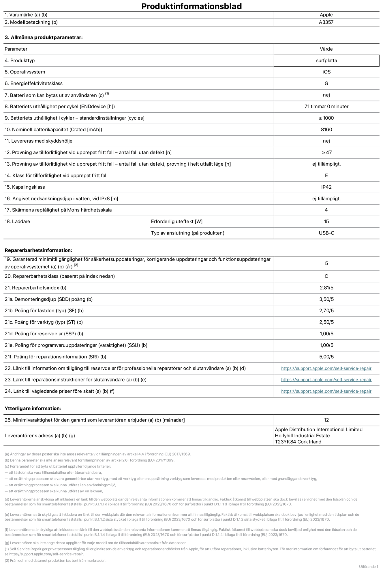 Produktinformationsblad f?r 11 tums iPad Pro med M5 (Wi-Fi), modell A3357. Tillhandah?lls av Apple Distribution International Limited, Hollyhill Industrial Estate. Cork, Irland, T23 YK84. Enhetstyp: surfplatta. Operativsystem: iOS. Energieffektivitetsklass: G. Batteri som kan bytas ut av anv?ndaren: nej. Batteritid per laddningscykel: 71 timmar. Batteriets livsl?ngd i antal cykler – standardinst?llningar: ≥ 1000. Nominell batterikapacitet: 8 160 mAh. Levereras med skyddsfodral: nej. Tillf?rlitlighetstest vid upprepat fritt fall – antal fall utan defekter: ≥ 47. Tillf?rlitlighetstest vid upprepat fritt fall – antal fall utan defekter testat i helt utf?llt l?ge: ej till?mpligt. Tillf?rlitlighet vid upprepat fritt fall: klass E. IP-klass: IP42. Angivet neds?nkningsdjup i vatten vid iPx8: ej till?mpligt. Sk?rmens rept?lighet enligt Mohs h?rdhetsskala: 4. Laddare – uteffekt som kr?vs: 15 W. Typ av uttag p? laddaren: usb-c. Garanterad minimiperiod f?r tillg?ng till s?kerhetsuppdateringar, korrigerande uppdateringar och funktionsuppdateringar av operativsystemet: 5 ?r. Reparerbarhetsklass: C. Reparerbarhetsindex: 2,81/5. Po?ng f?r demonteringsdjup (SDD): 3,50/5. Po?ng f?r f?sten: 2,70/5. Po?ng f?r verktyg: 2,50/5. Po?ng f?r reservdelar: 1,00/5. Po?ng f?r mjukvaruuppdateringar: 1,00/5. Po?ng f?r reparationsinformation: 5,00/5. L?nk till information om tillg?ngliga reservdelar f?r professionella reparat?rer och slutanv?ndare: https://support.apple.com/self-service-repair. L?nk till reparationsanvisningar f?r slutanv?ndare: https://support.apple.com/self-service-repair. L?nk till v?gledande priser f?re skatt: https://support.apple.com/self-service-repair. Produkten omfattas av 12 m?naders garanti.