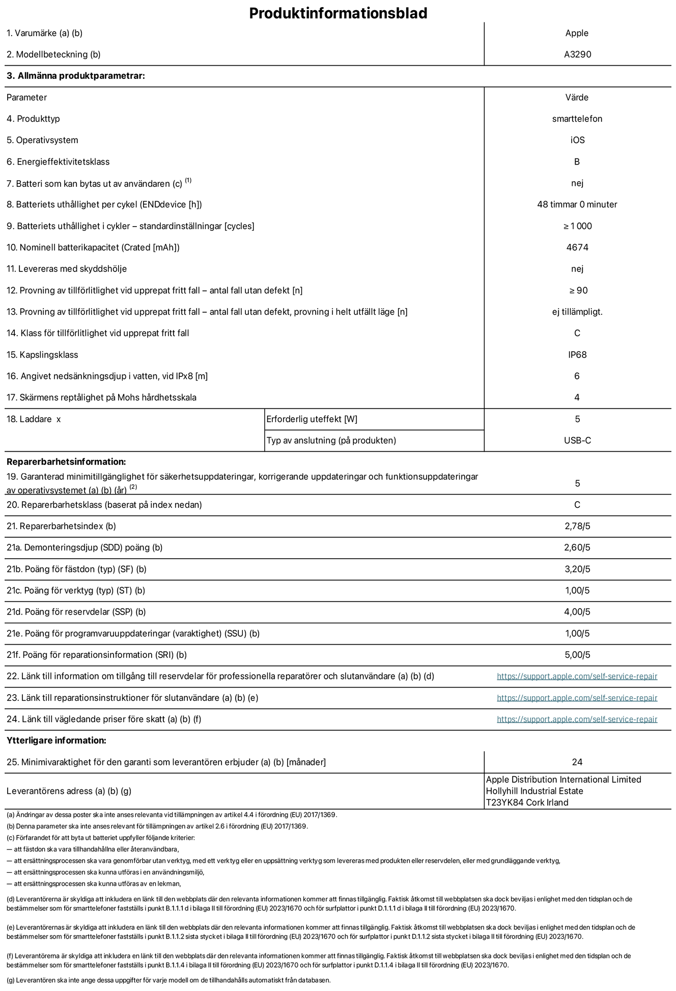 Produktinformationsblad f?r iPhone 16 Plus, modell A3290. Tillhandah?lls av Apple Distribution International Limited, Hollyhill Industrial Estate. Cork, Irland T23 YK84. Enhetstyp: smartphone. Operativsystem: iOS. Energieffektivitetsklass: B. Batteri som kan bytas ut av anv?ndaren: nej. Batteritid per laddningscykel: 48 timmar. Batteriets livsl?ngd i antal cykler – standardinst?llningar: ≥ 1000. Nominell batterikapacitet: 4674 mAh. Levereras med skyddsfodral: nej. Tillf?rlitlighetstest vid upprepat fritt fall – antal fall utan defekter: ≥ 90. Tillf?rlitlighetstest vid upprepat fritt fall – antal fall utan defekter testat i helt utf?llt l?ge: ej till?mpligt. Tillf?rlitlighet vid upprepat fritt fall: klass C. IP-klass: IP68. Angivet neds?nkningsdjup vid iPx8: 6. Sk?rmens rept?lighet enligt Mohs h?rdhetsskala: 4. Laddare – uteffekt som kr?vs: 5 W. Typ av uttag p? laddaren: usb-c. Garanterad minimiperiod f?r tillg?ng till s?kerhetsuppdateringar, korrigerande uppdateringar och funktionsuppdateringar av operativsystemet: 5 ?r. Reparerbarhetsklass: C. Reparerbarhetsindex: 2,78/5. Po?ng f?r demonteringsdjup (SDD): 2,60/5. Po?ng f?r f?sten: 3,20/5. Po?ng f?r verktyg: 1,00/5. Po?ng f?r reservdelar: 4,00/5. Po?ng f?r mjukvaruuppdateringar: 1,00/5. Po?ng f?r reparationsinformation: 5,00/5. L?nk till information om tillg?ngliga reservdelar f?r professionella reparat?rer och slutanv?ndare: https://support.apple.com/self-service-repair. L?nk till reparationsanvisningar f?r slutanv?ndare: https://support.apple.com/self-service-repair. L?nk till v?gledande priser f?re skatt: https://support.apple.com/self-service-repair. Produkten omfattas av 24 m?naders garanti.