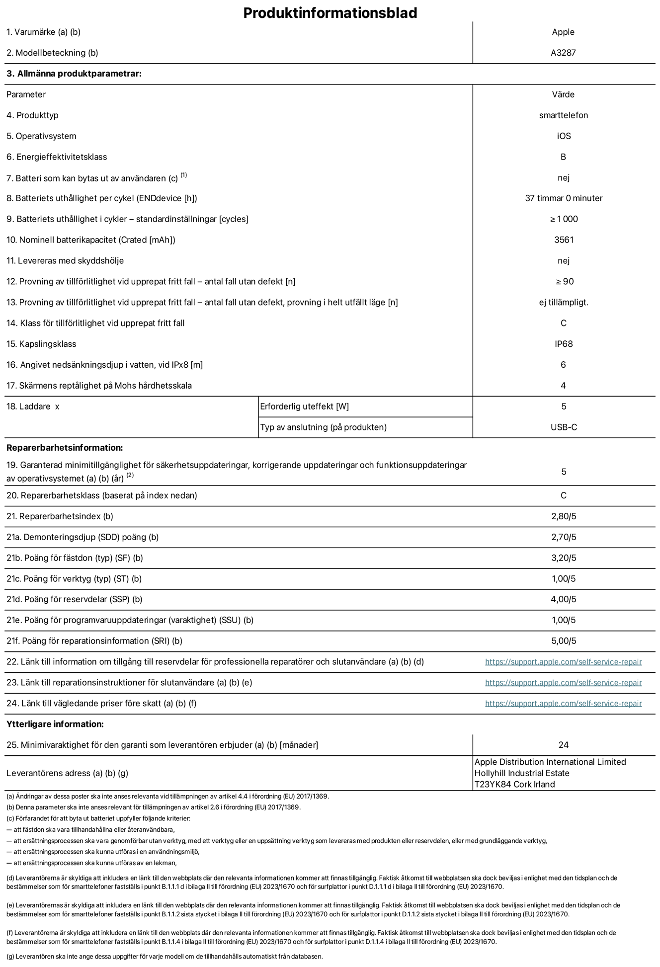 Produktinformationsblad f?r iPhone 16, modell A3287. Tillhandah?lls av Apple Distribution International Limited, Hollyhill Industrial Estate. Cork, Irland T23 YK84. Enhetstyp: smartphone. Operativsystem: iOS. Energieffektivitetsklass: B. Batteri som kan bytas ut av anv?ndaren: nej. Batteritid per laddningscykel: 37 timmar. Batteriets livsl?ngd i antal cykler – standardinst?llningar: ≥ 1000. Nominell batterikapacitet: 3561 mAh. Levereras med skyddsfodral: nej. Tillf?rlitlighetstest vid upprepat fritt fall – antal fall utan defekter: ≥ 90. Tillf?rlitlighetstest vid upprepat fritt fall – antal fall utan defekter testat i helt utf?llt l?ge: ej till?mpligt. Tillf?rlitlighet vid upprepat fritt fall: klass C. IP-klass: IP68. Angivet neds?nkningsdjup vid iPx8: 6. Sk?rmens rept?lighet enligt Mohs h?rdhetsskala: 4. Laddare – uteffekt som kr?vs: 5 W. Typ av uttag p? laddaren: usb-c. Garanterad minimiperiod f?r tillg?ng till s?kerhetsuppdateringar, korrigerande uppdateringar och funktionsuppdateringar av operativsystemet: 5 ?r. Reparerbarhetsklass: C. Reparerbarhetsindex: 2,80/5. Po?ng f?r demonteringsdjup (SDD): 2,70/5. Po?ng f?r f?sten: 3,20/5. Po?ng f?r verktyg: 1,00/5. Po?ng f?r reservdelar: 4,00/5. Po?ng f?r mjukvaruuppdateringar: 1,00/5. Po?ng f?r reparationsinformation: 5,00/5. L?nk till information om tillg?ngliga reservdelar f?r professionella reparat?rer och slutanv?ndare: https://support.apple.com/self-service-repair. L?nk till reparationsanvisningar f?r slutanv?ndare: https://support.apple.com/self-service-repair. L?nk till v?gledande priser f?re skatt: https://support.apple.com/self-service-repair. Produkten omfattas av 24 m?naders garanti.