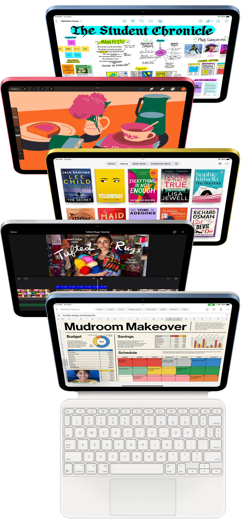 iPad-sk?rme vist forfra med en r?kke forskellige apps, bl.a. Freeform, ProCreate, Books, iMovie og Microsoft Excel med Webex Meetings.